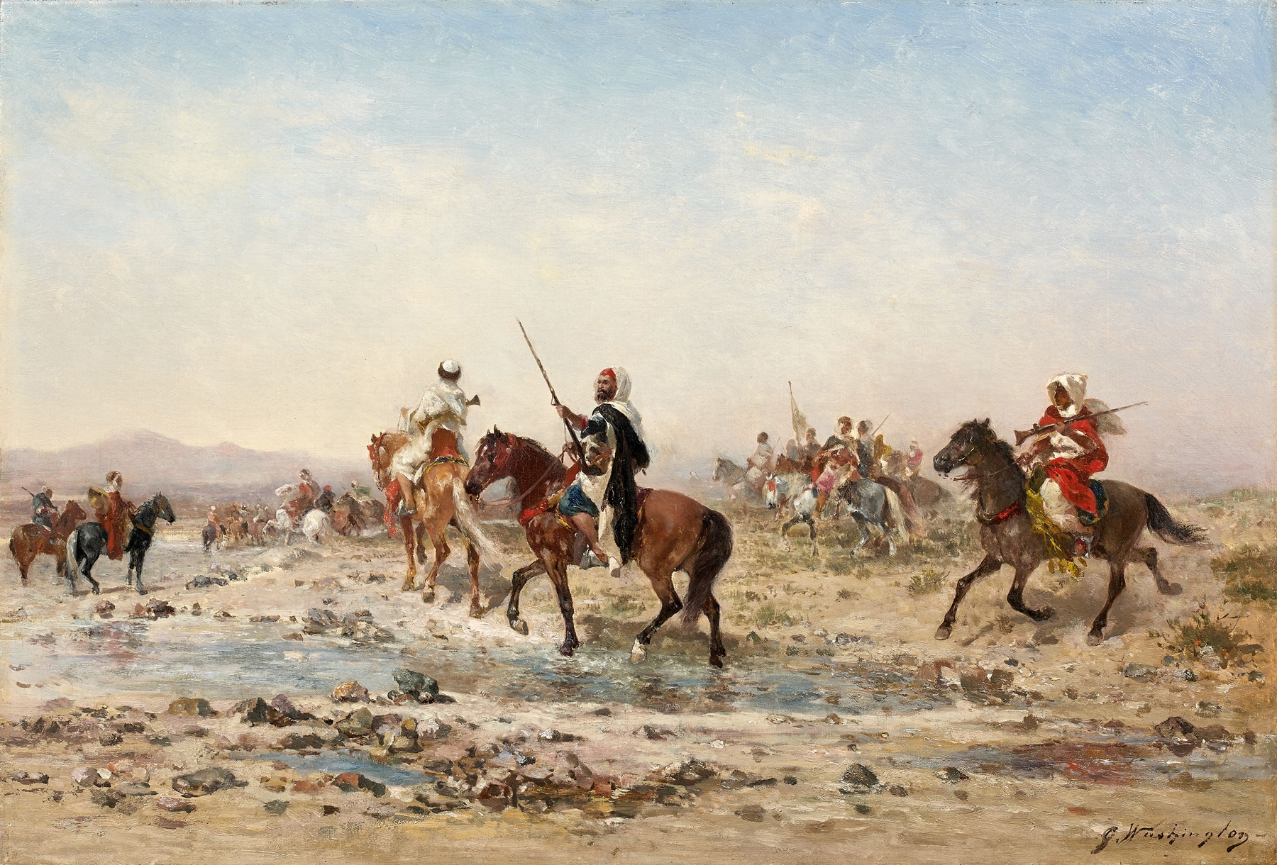 Figurative scene depicting La Chasse by Georges Washington, oil painting