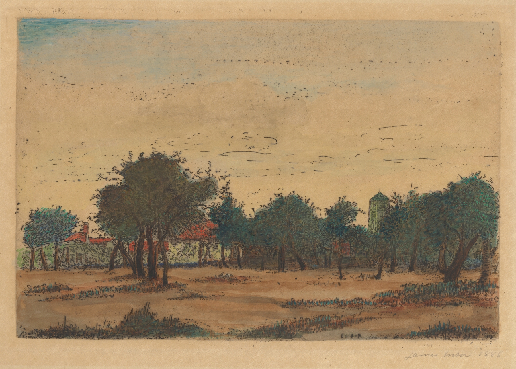 Post-Impressionism oil painting by James Ensor depicting an orchard with vibrant blossoms.
