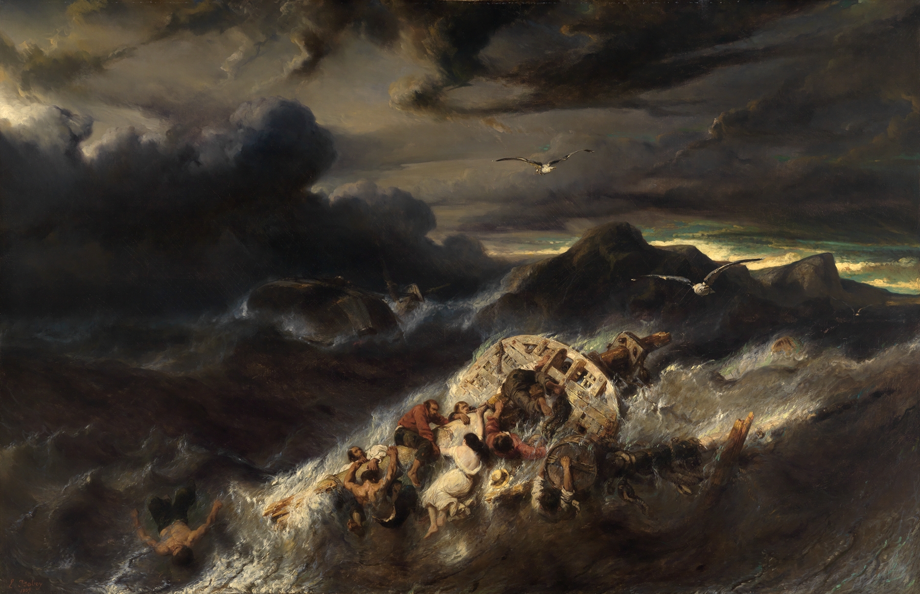 Schiffbruch an einer felsigen Küste, by Eugène Isabey, public domain