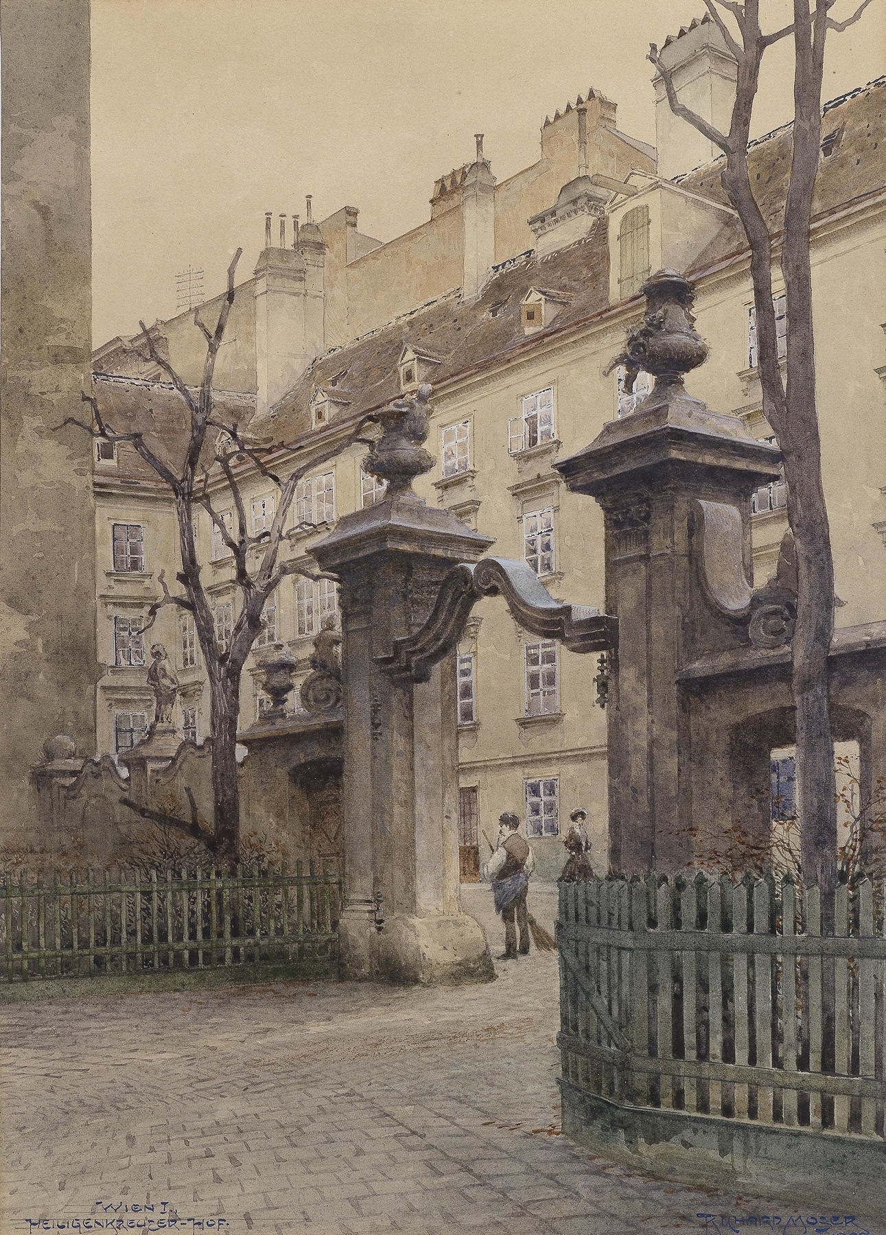 Heiligenkreuzerhof in Wien by Richard Moser, oil on canvas, depicting morning light through archways.