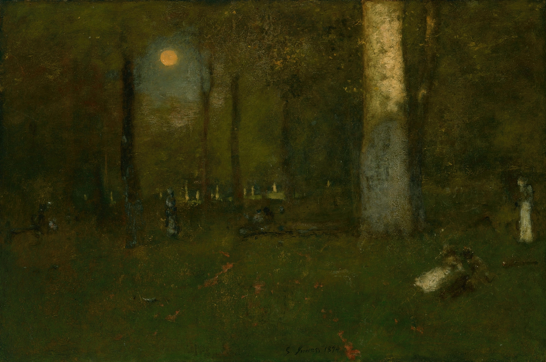 Picnic in the Woods by George Inness, oil painting depicting figures enjoying a picnic in a sunlit forest