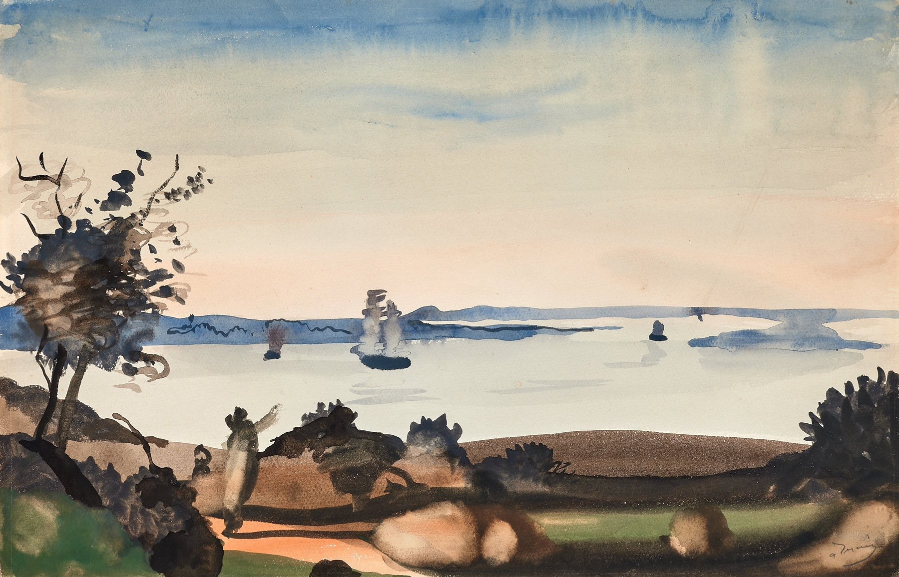 Marine scene by André Derain, oil painting with vibrant blues and golden sunlight.