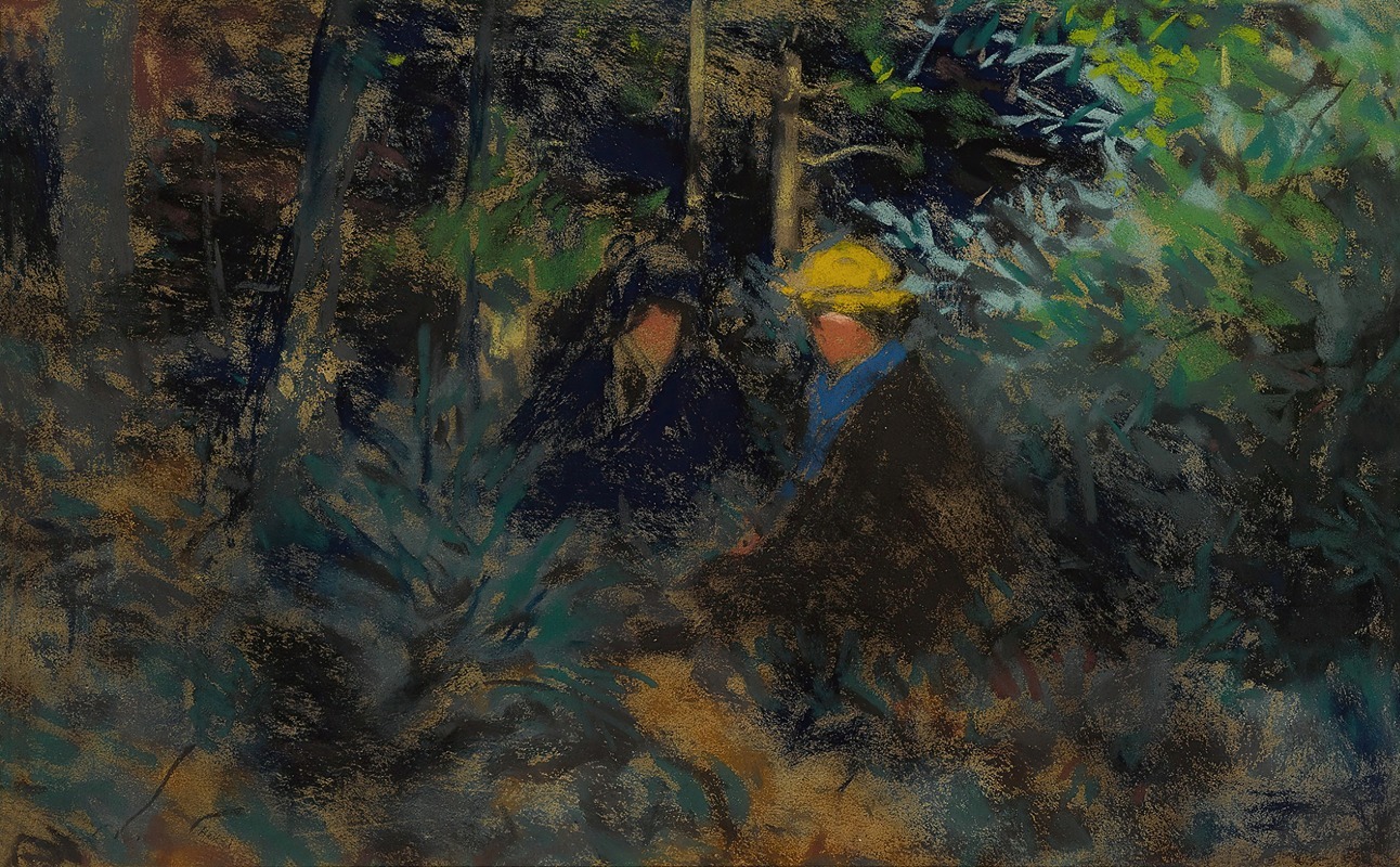 A lively conversation unfolds among figures in a lush forest setting.