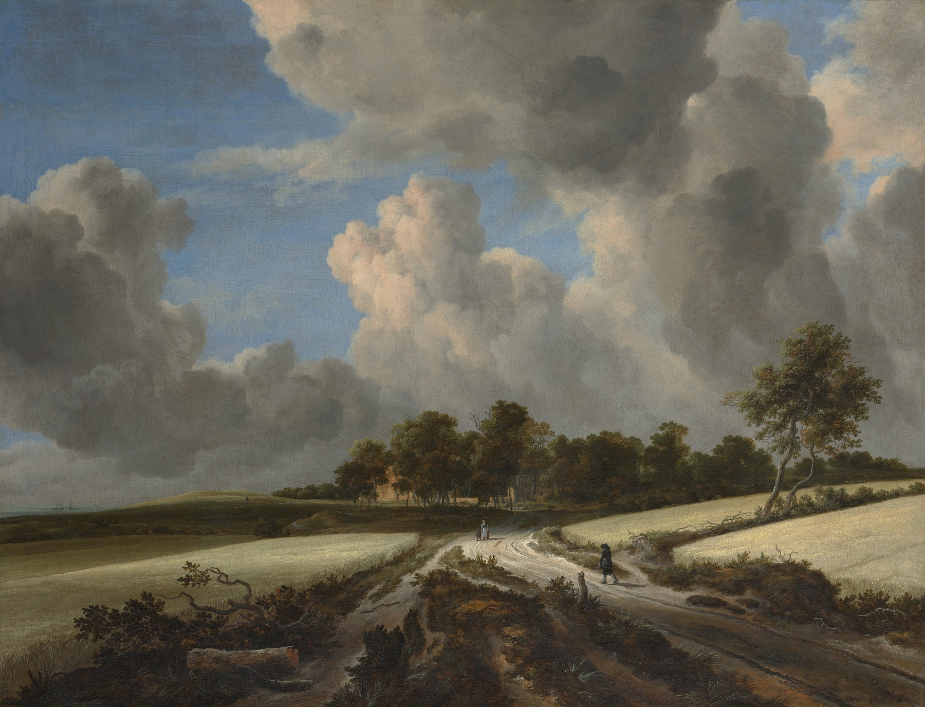 Wheat Fields by Jacob van Ruisdael, oil on canvas depicting golden fields and clouds.