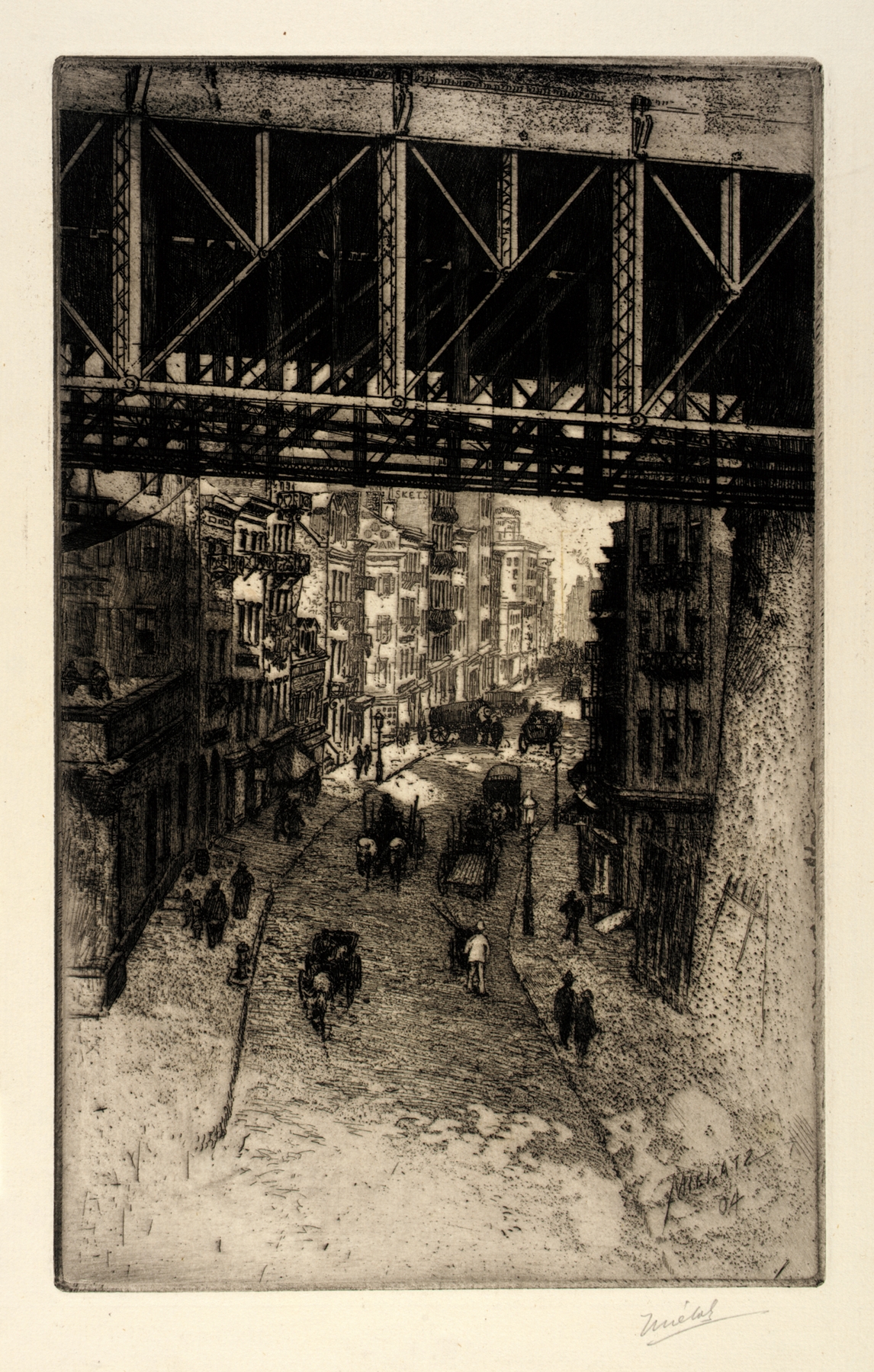 Etching by Charles Frederick William Mielatz depicting urban life under a steel bridge.
