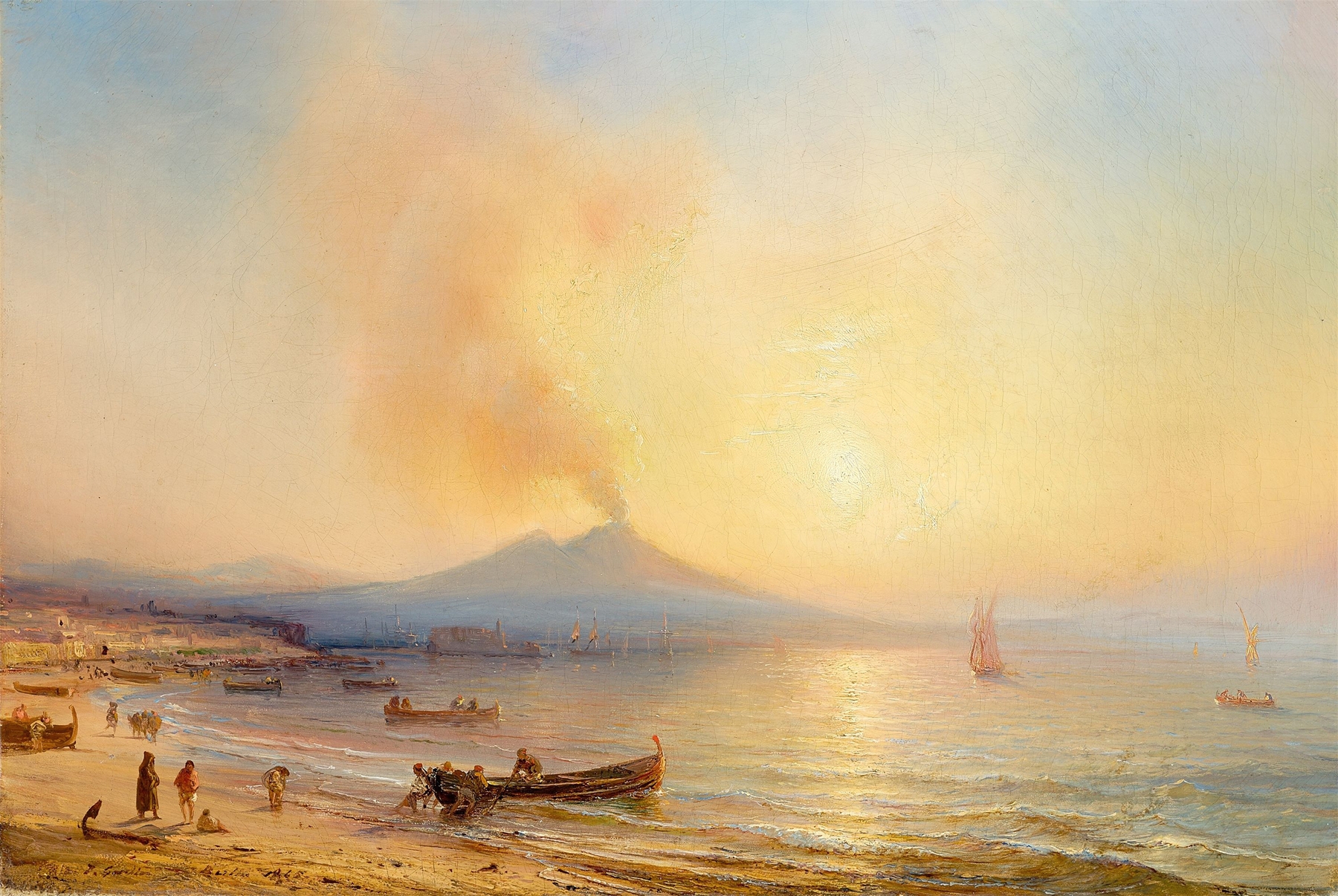 Oil painting of The Gulf of Naples with Mount Vesuvius by Théodore Gudin