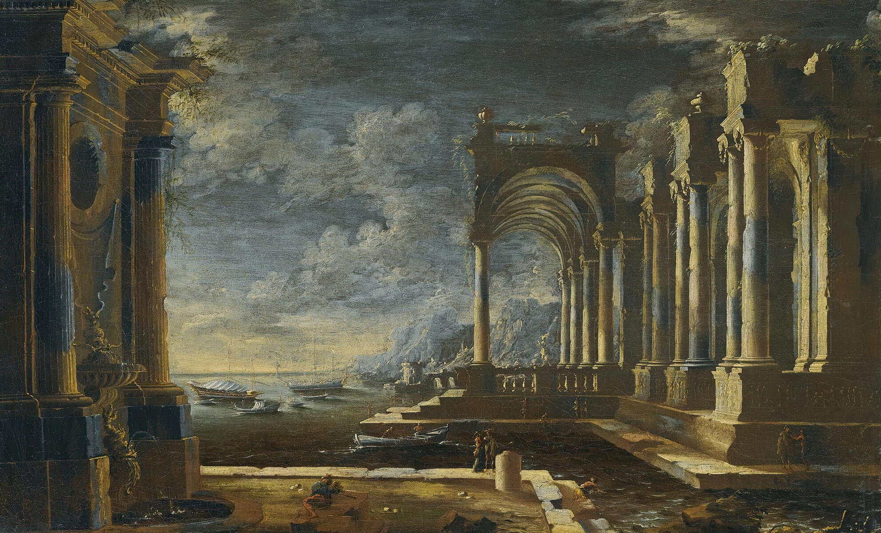 Rococo oil painting by Leonardo Coccorante depicting a fountain and ruins by the sea