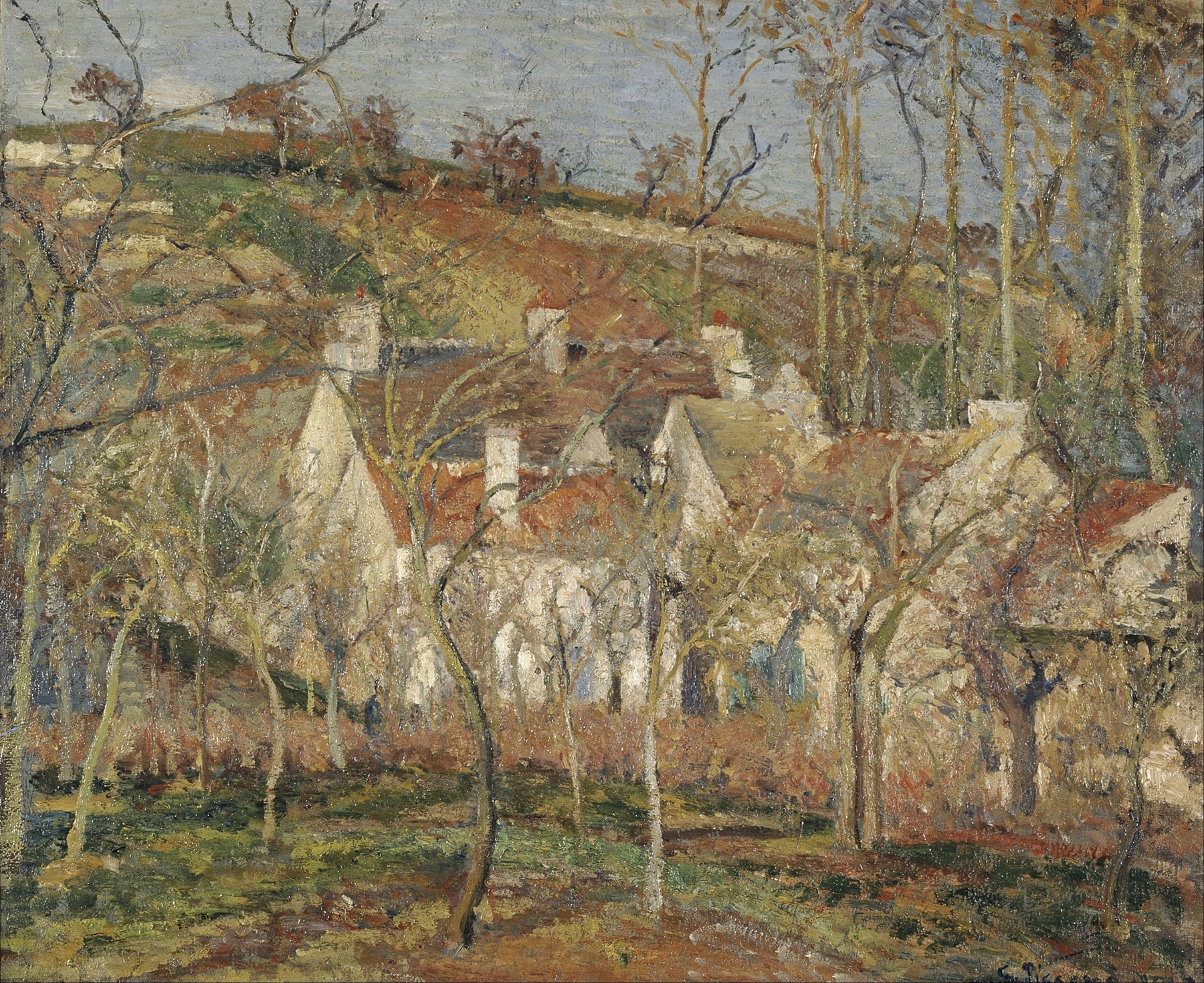 Red roofs, corner of a village, winter, by Camille Pissarro, public domain