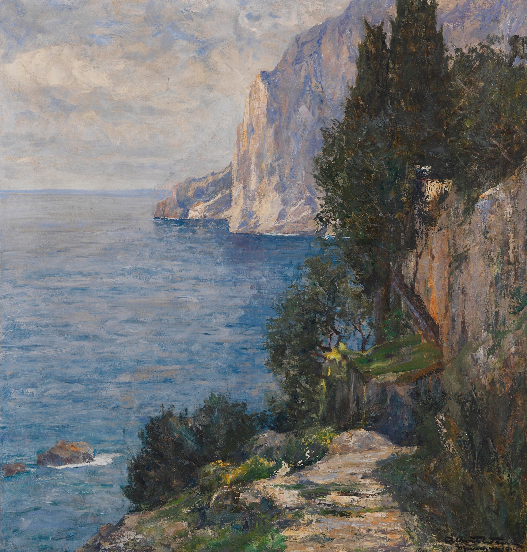 Felsenküste auf Capri by Albert Wenk, oil on canvas depicting cliffs and coastline