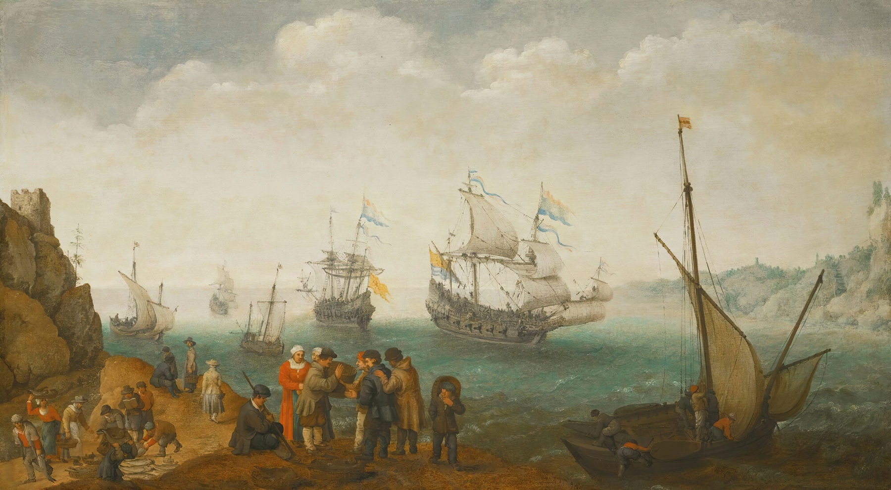 Marine scene with vessels and figures trading, oil painting by Adam Willaerts