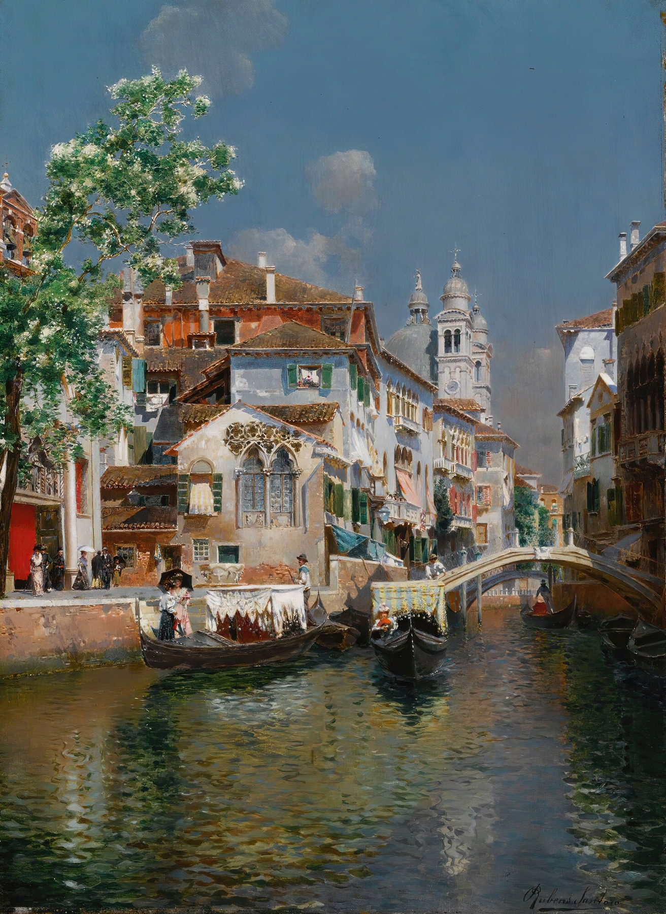 Gondolas On A Venetian Canal, Santa Maria Della Salute In The Distance, by Rubens Santoro, public domain