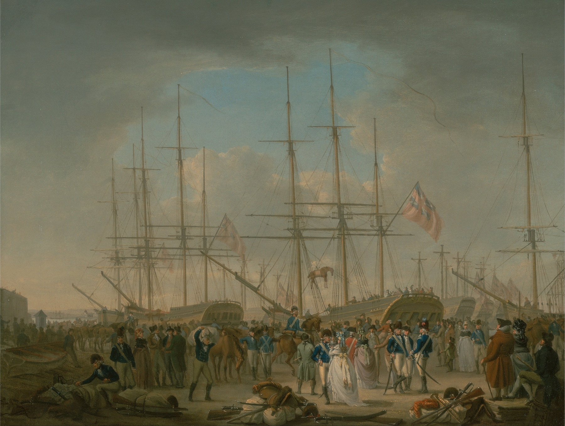 Hussars Embarking at Deptford, oil on canvas by William Anderson, depicting soldiers at a dock.
