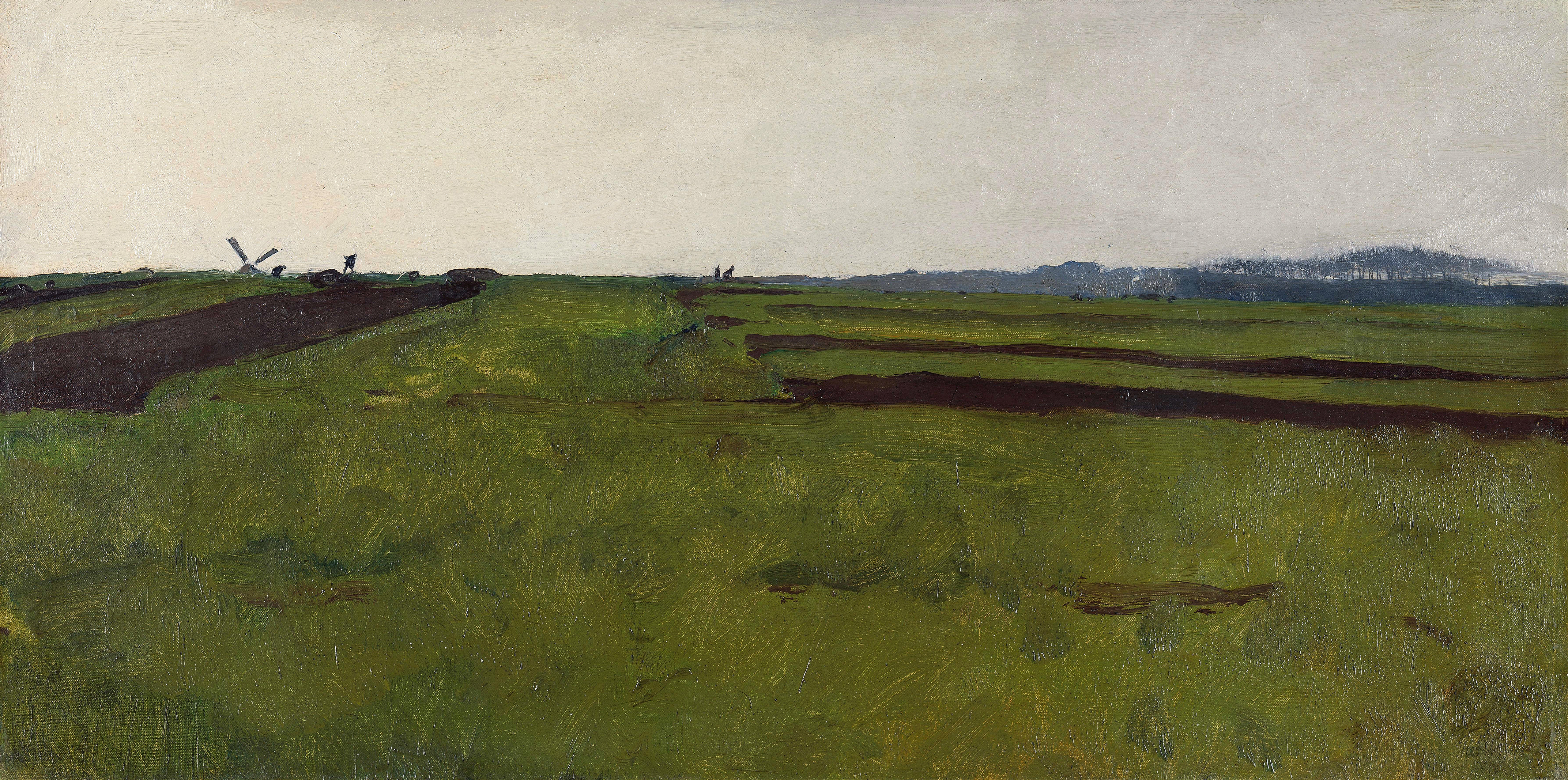 Landscape with fields by Willem Witsen, oil painting, depicting fields at dusk with golden light