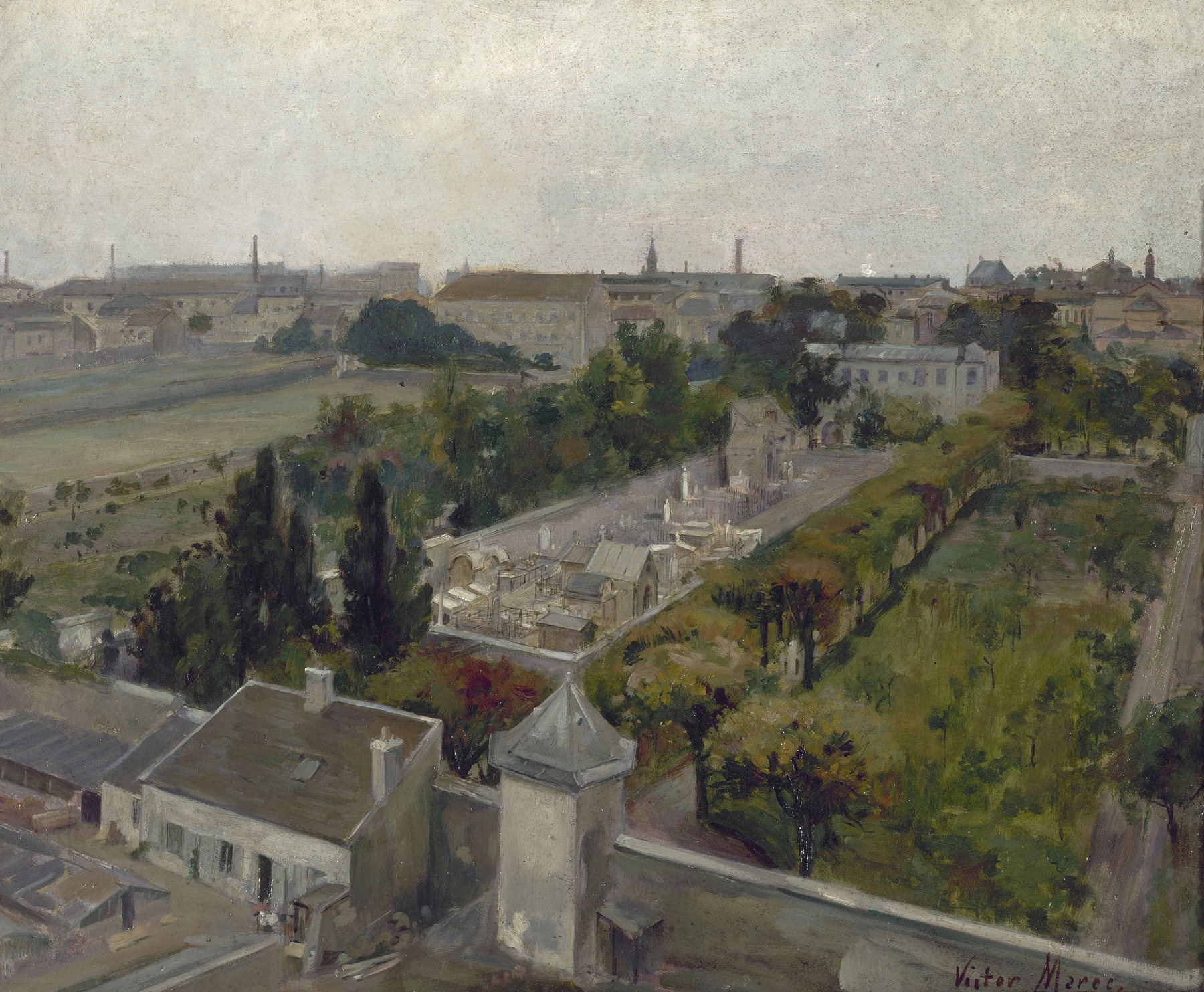Cemetery landscape with gravestones and trees, oil painting by Victor Marec