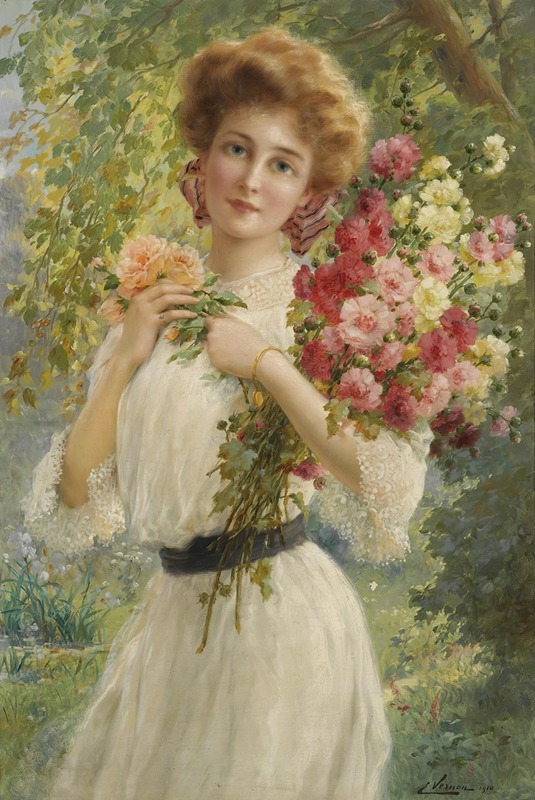 A portrait of a woman surrounded by floral motifs.