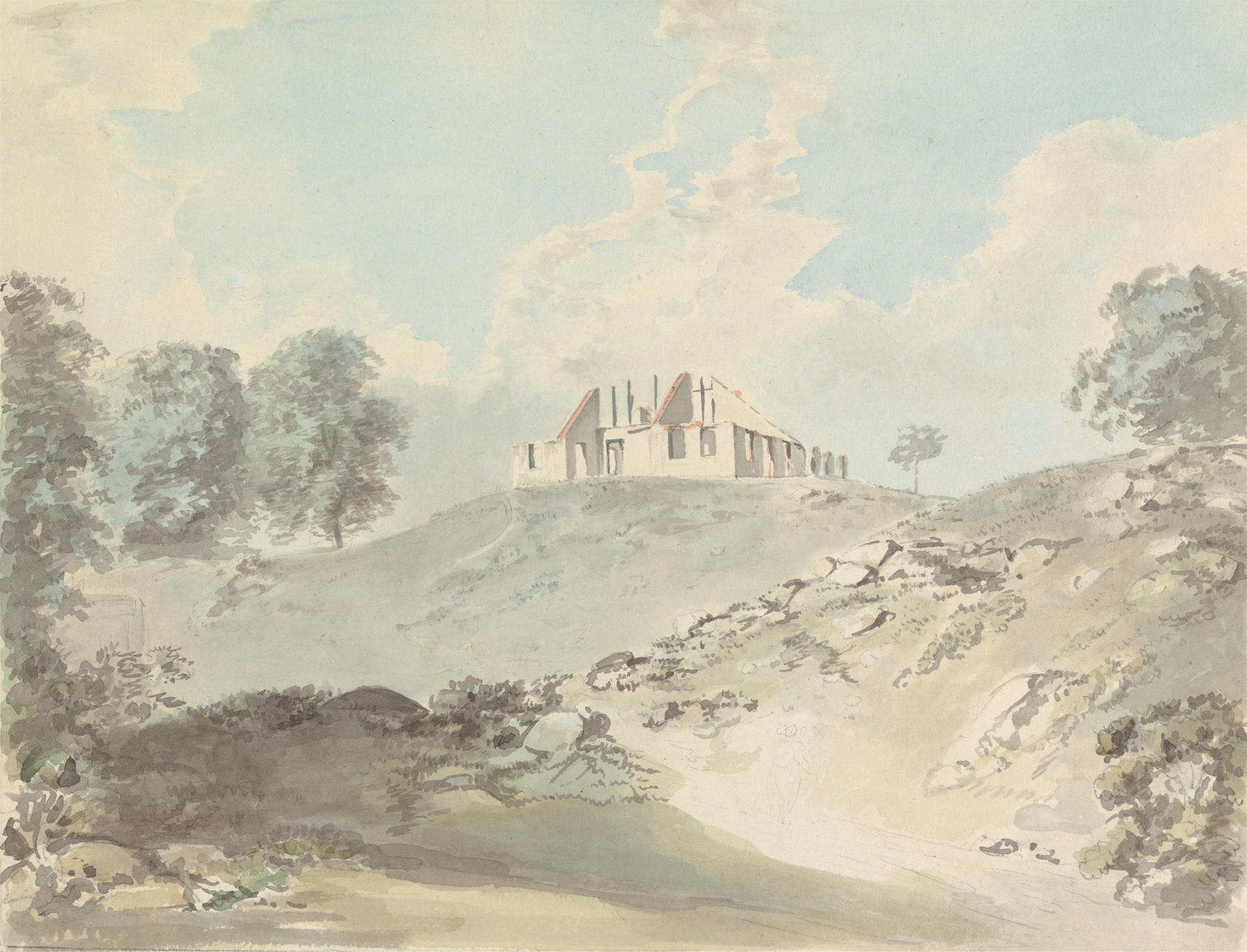 Watercolour by Samuel Davis depicting a dreamscape landscape.