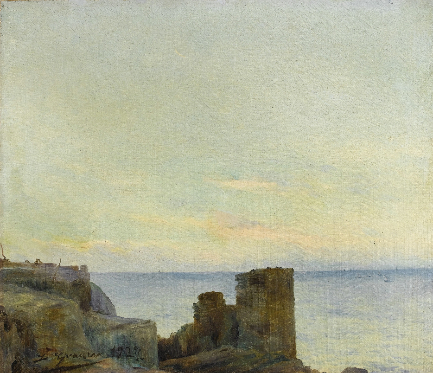 Seascape with Ruins by Luis Graner i Arrufi, oil painting depicting a vibrant sea and ruins.