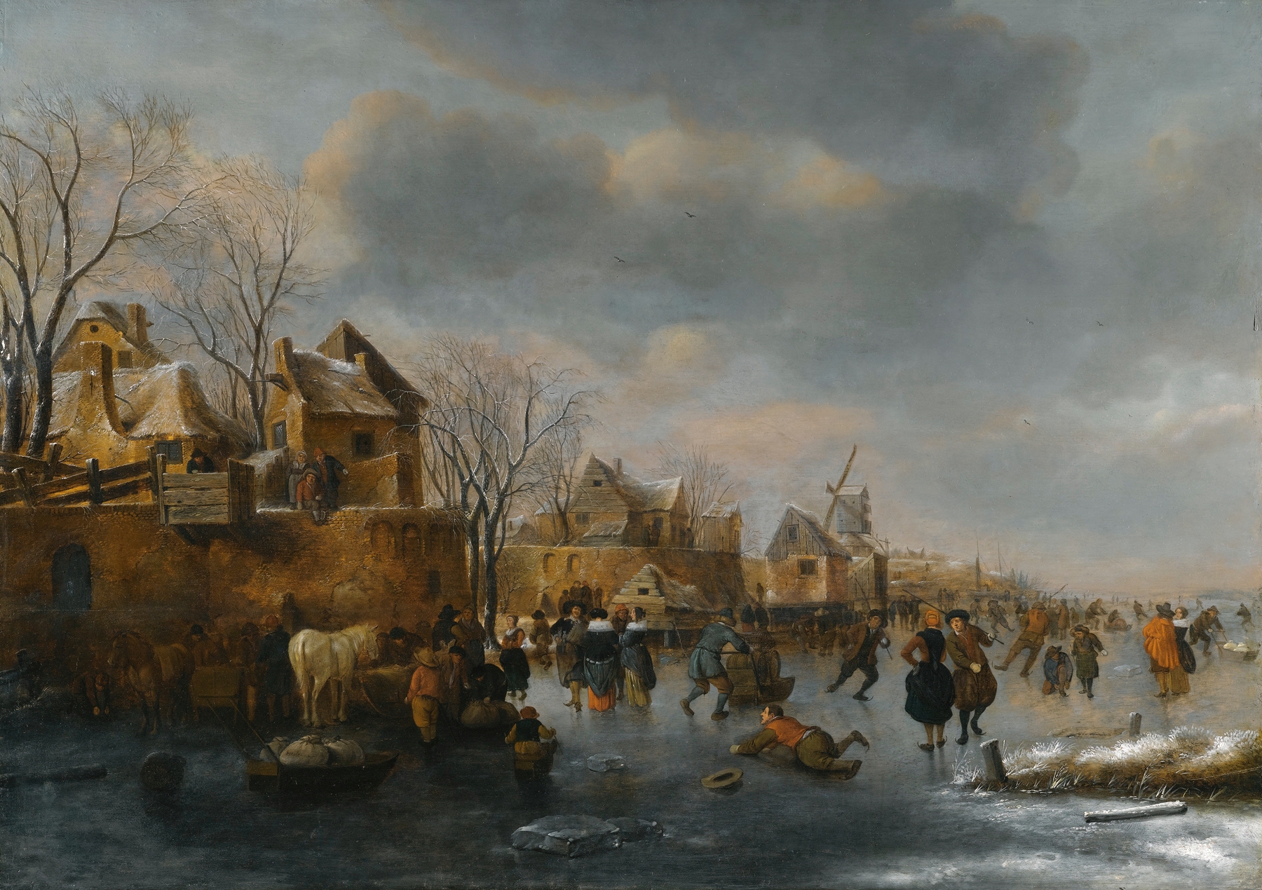 Winter landscape with figures on ice, oil painting by Nicolaes Molenaer