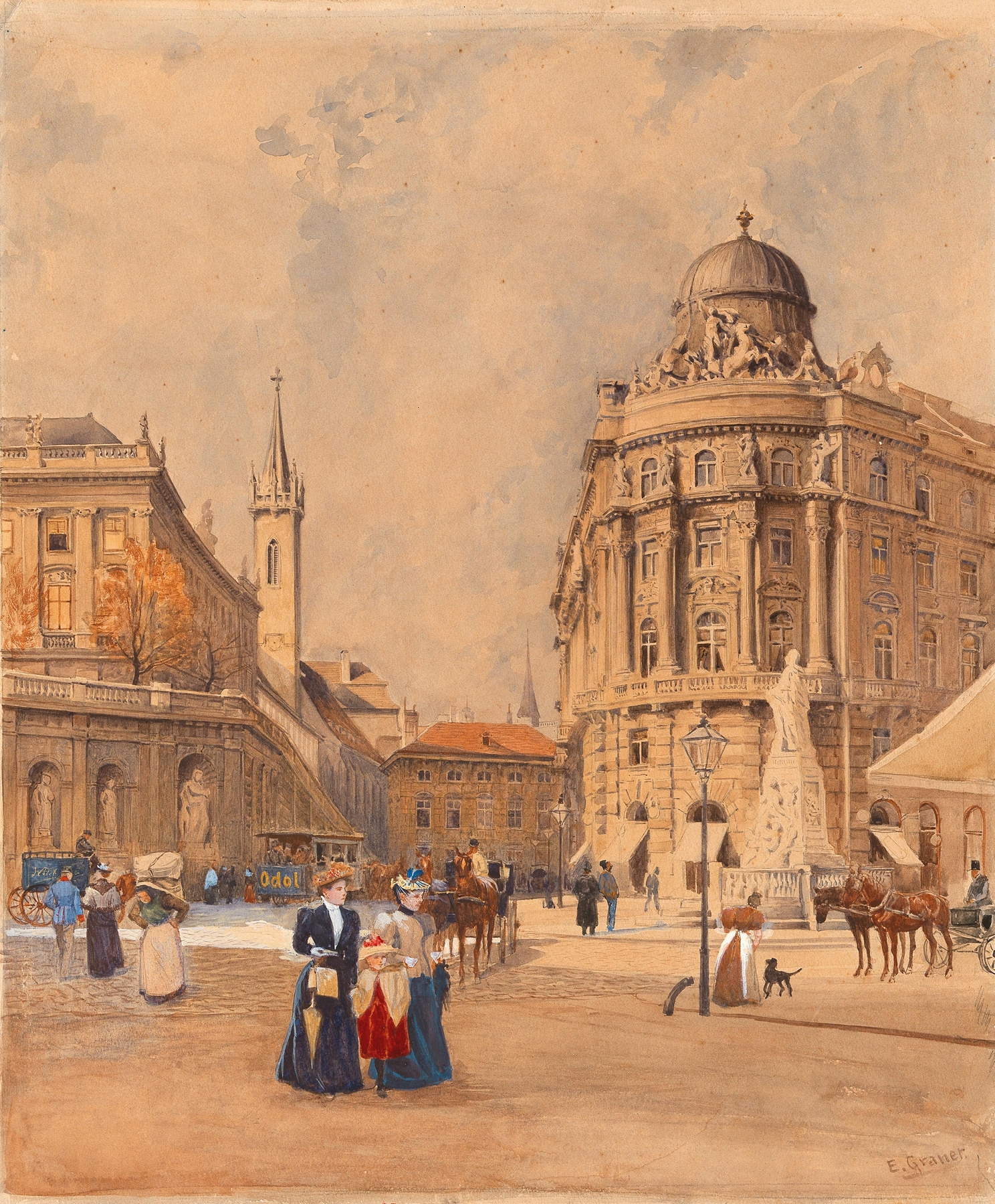 Old Albrechtsplatz landscape with the Mozart monument, oil on canvas by Ernst Graner