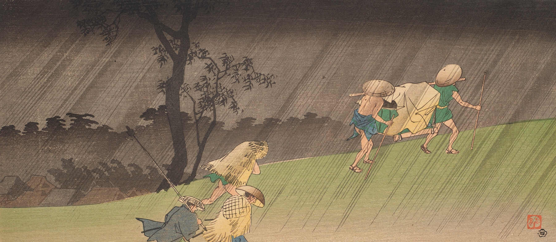 Color woodblock print by Takahashi Hiroaki depicting travelers under umbrellas in the rain.