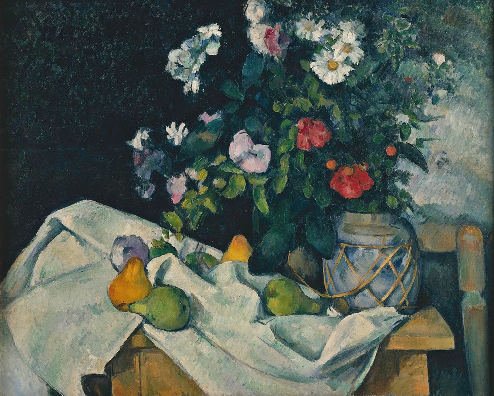 A vibrant still life painting featuring flowers and fruit.