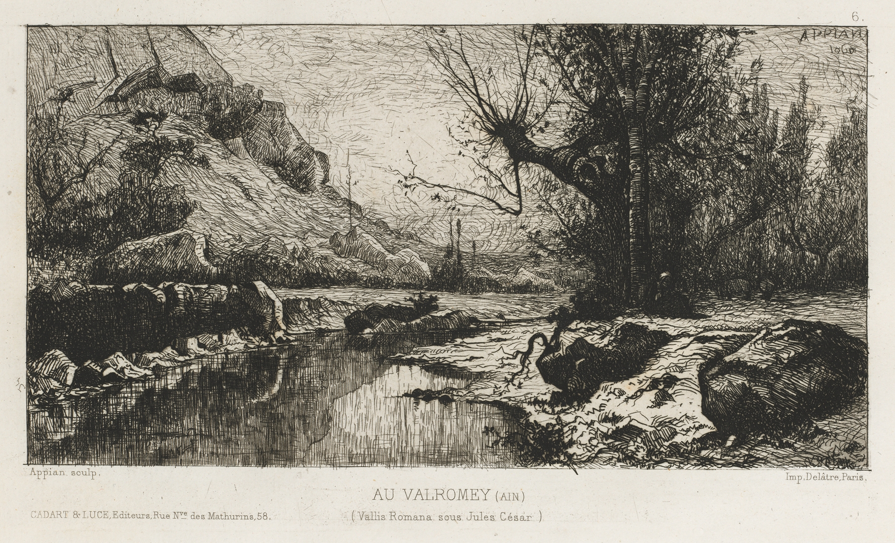 At Valromay (Ain) by Adolphe Appian, oil painting depicting a river and foliage under an overcast sky.