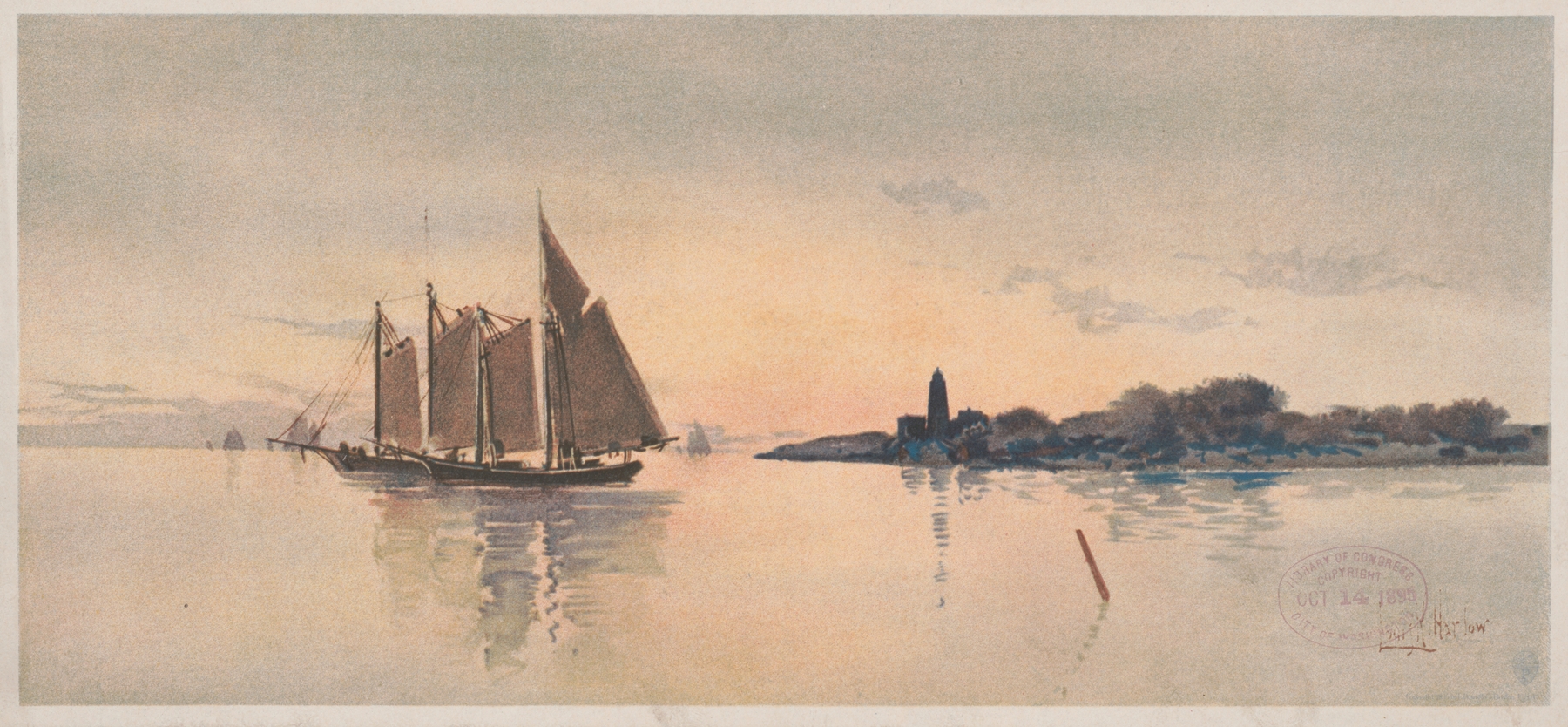 Marine scene with a lighthouse and crashing waves by Louis Kinney Harlow, 1895