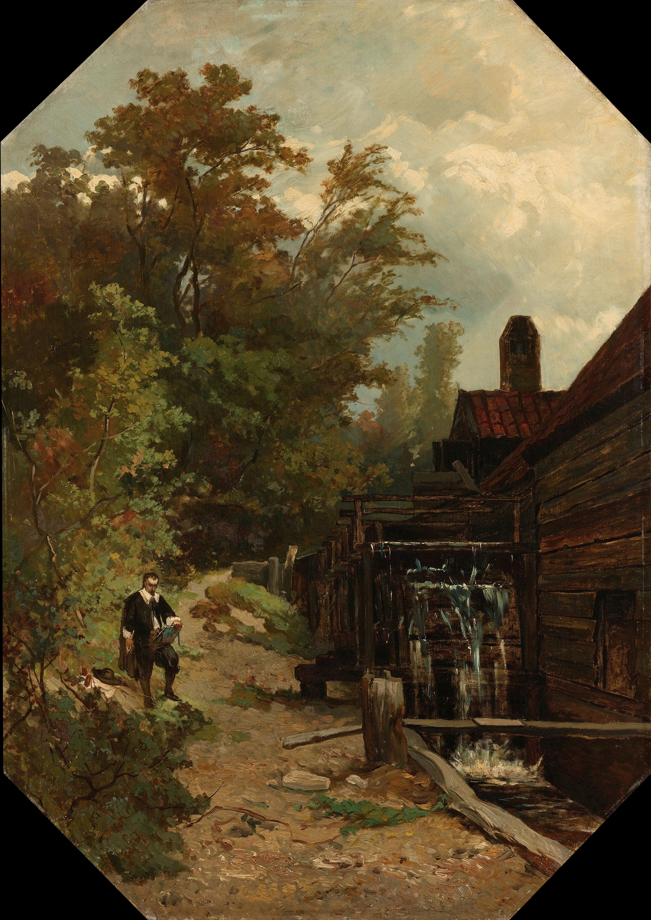 Oil on canvas by Gerard Bilders depicting Jacob van Ruisdael sketching a watermill.