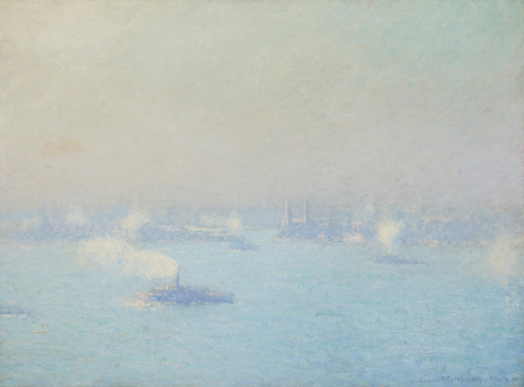 A Foggy Day on the Hudson by Edmund William Greacen, oil painting depicting boats in fog