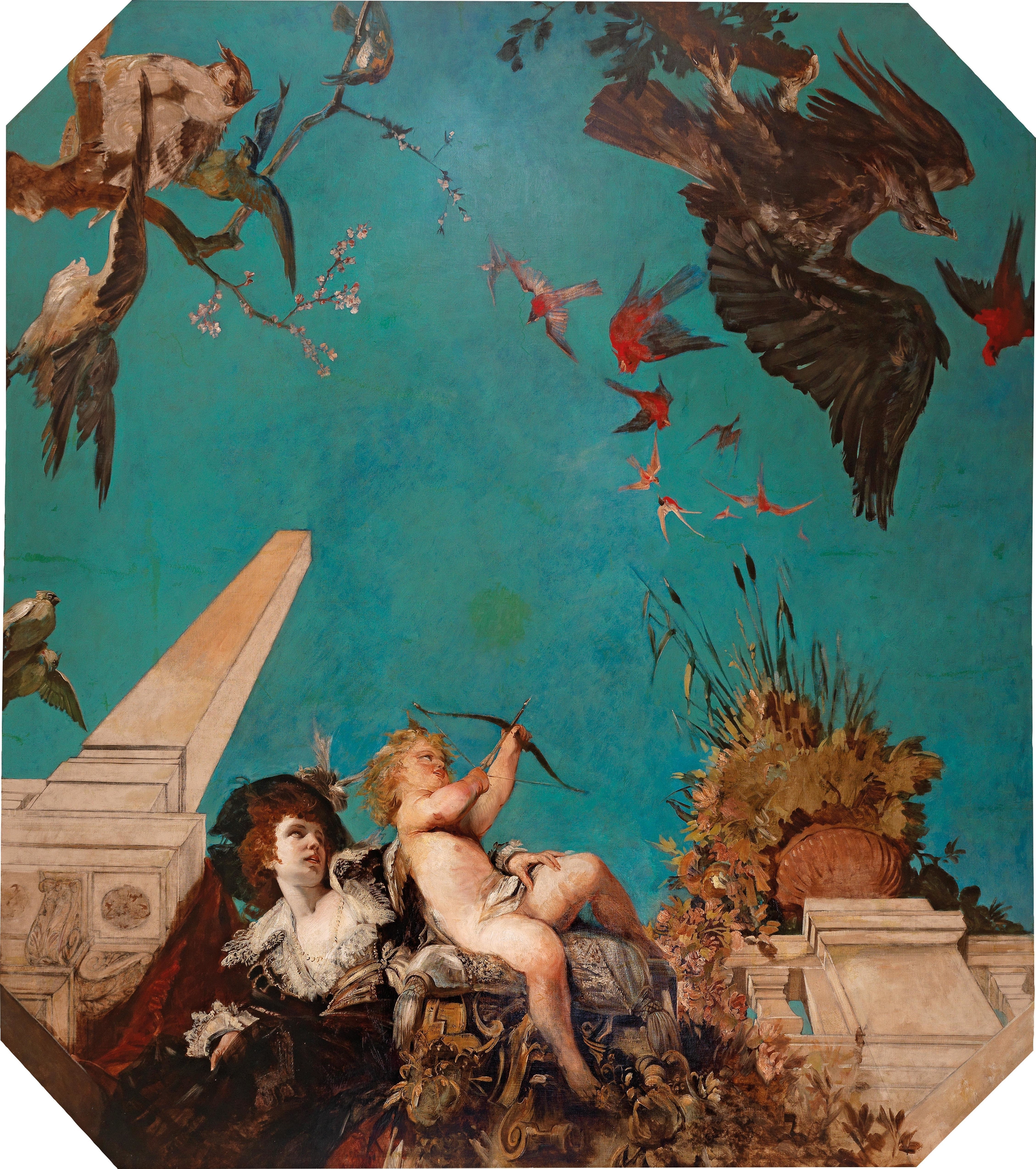 A Ceiling Painting by Hans Makart, depicting a society lady with Cupid in a garden landscape.