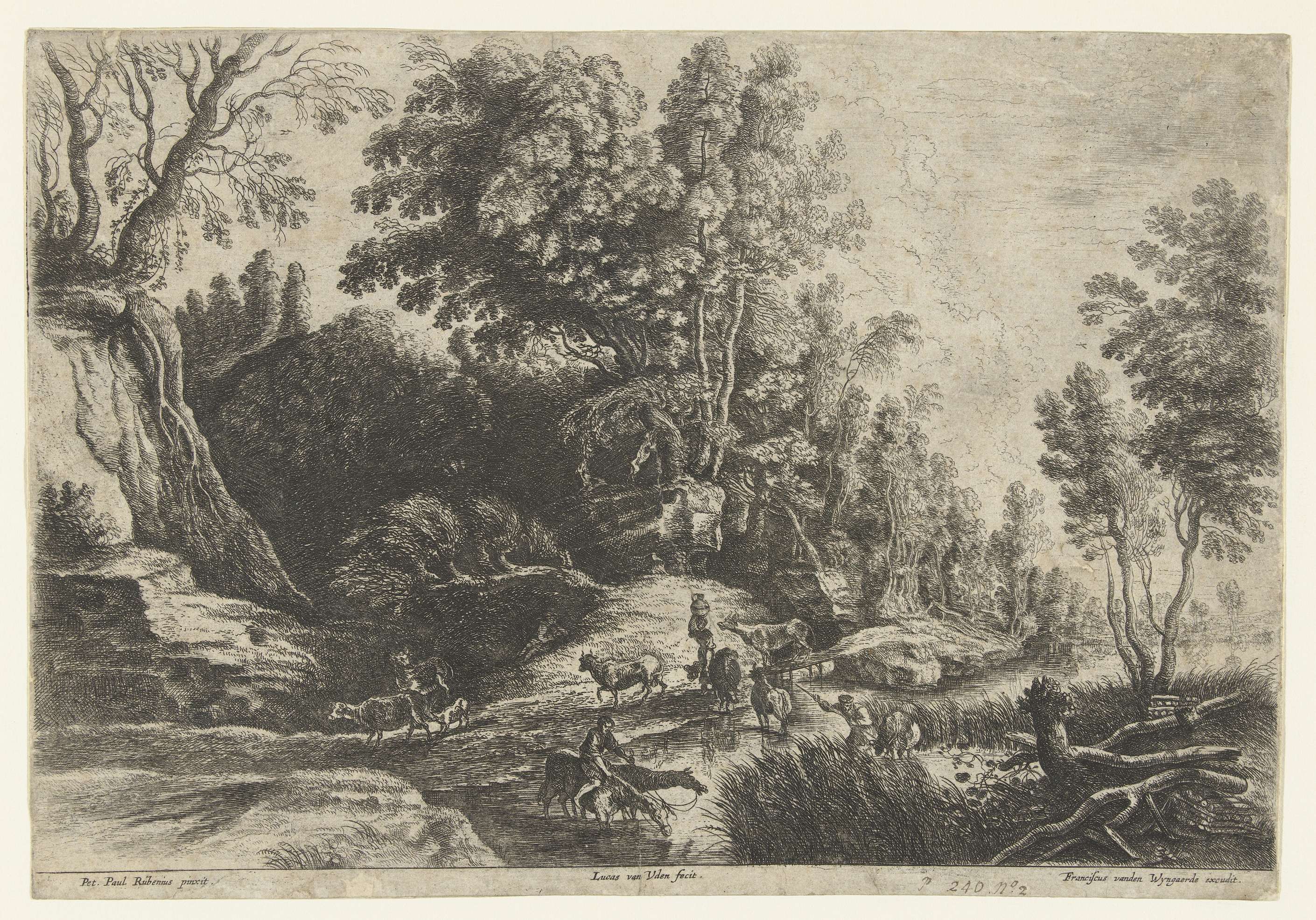 Pastoral landscape with horses and cows by Lucas van Uden, etching