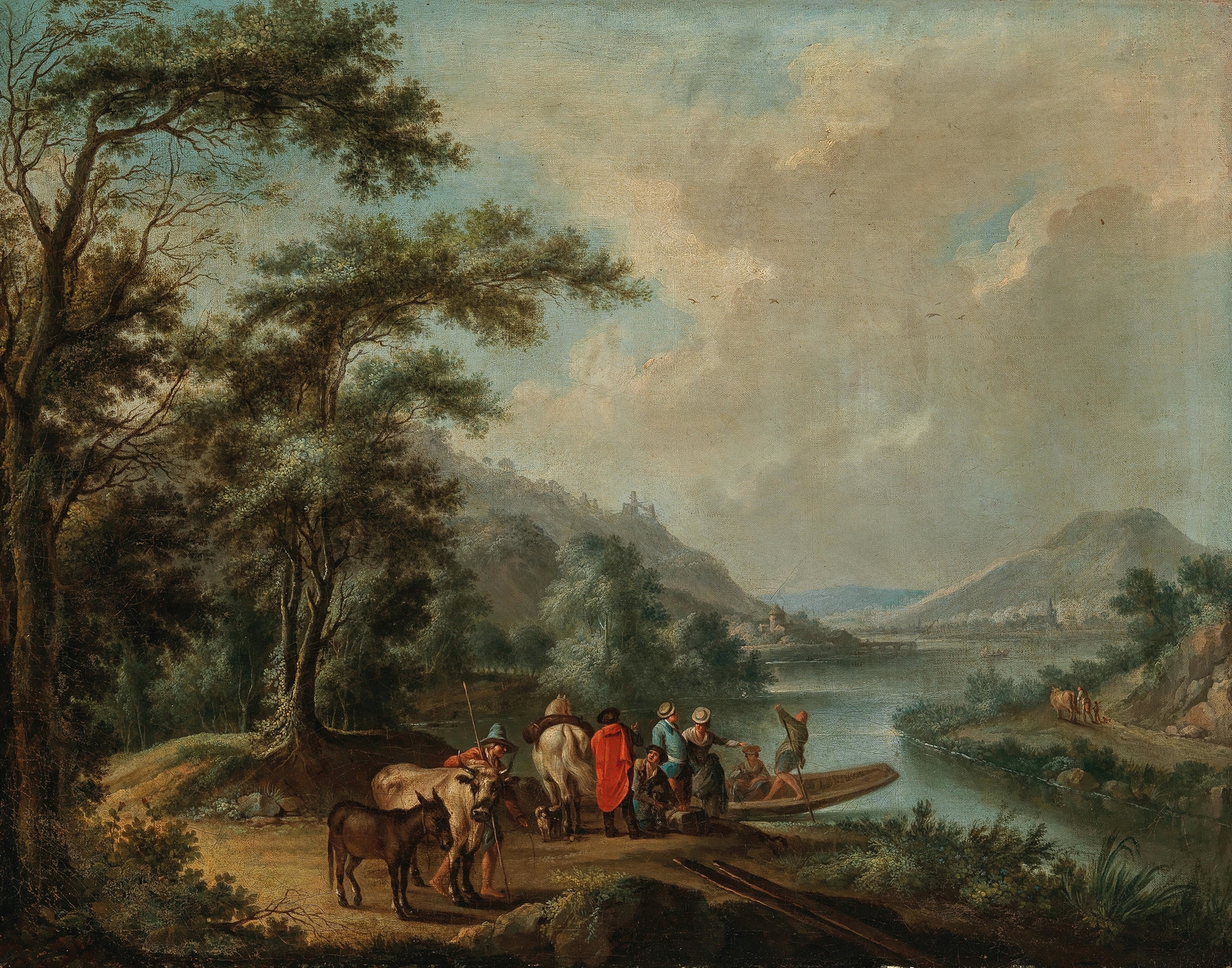 A Rhine landscape with a ferry, oil painting by Christian Georg Schütz the elder