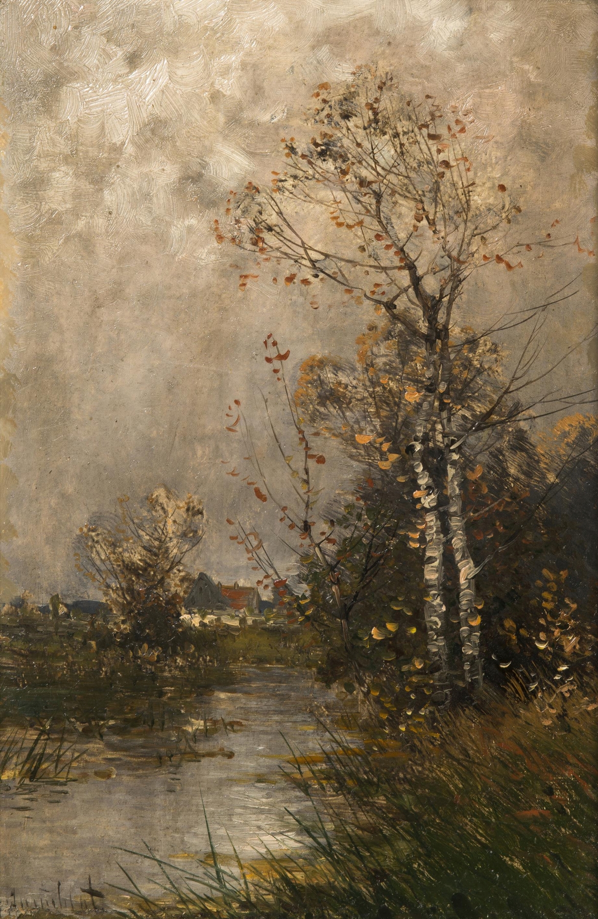 Autumn oil painting by Johann Jungblut, featuring vibrant orange and gold leaves in a forest.