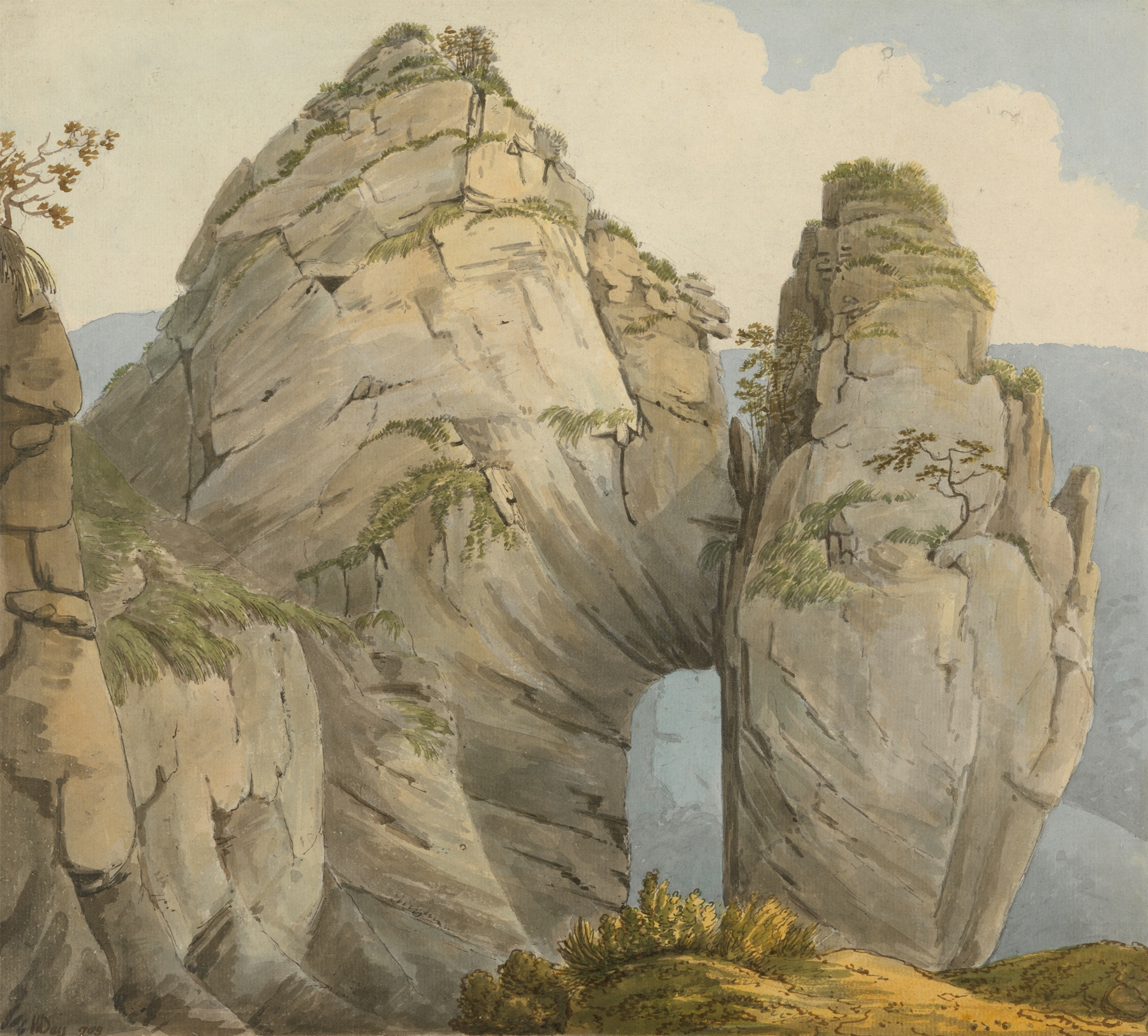 Landscape of Renard’s Hole, Dovedale by William Day, oil painting featuring vibrant greens and trees.