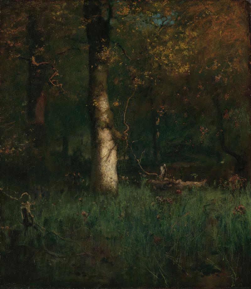 Oil painting by George Inness depicting a heron by a tranquil river