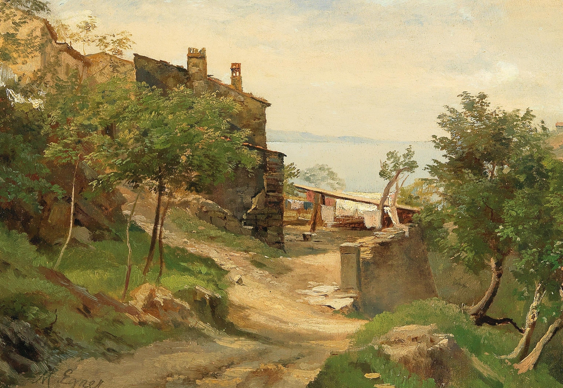 Landscape by Marie Egner, oil painting featuring sunlight over hills in Bei Triest.