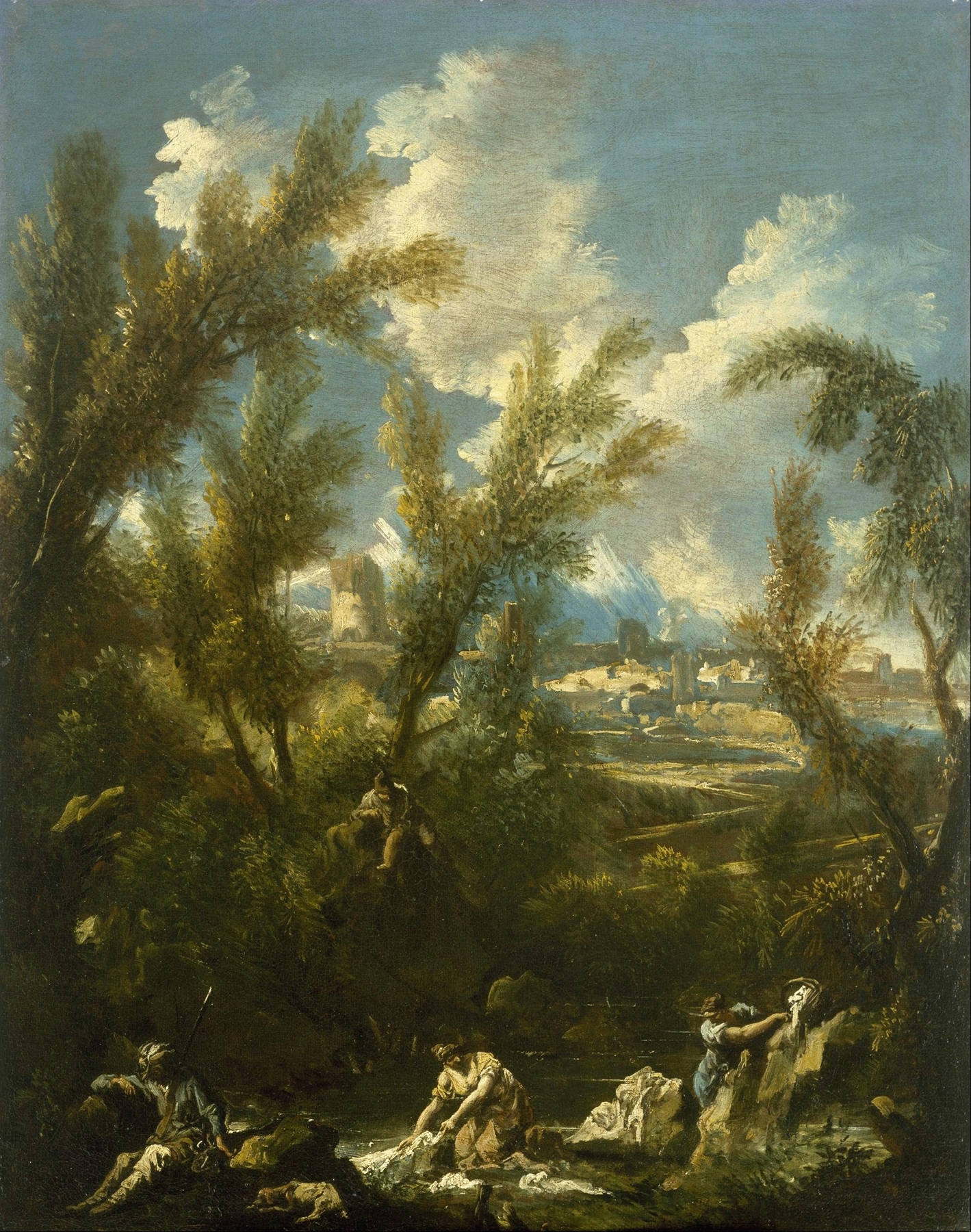 Landscape with Washerwoman, by Alessandro Magnasco, public domain