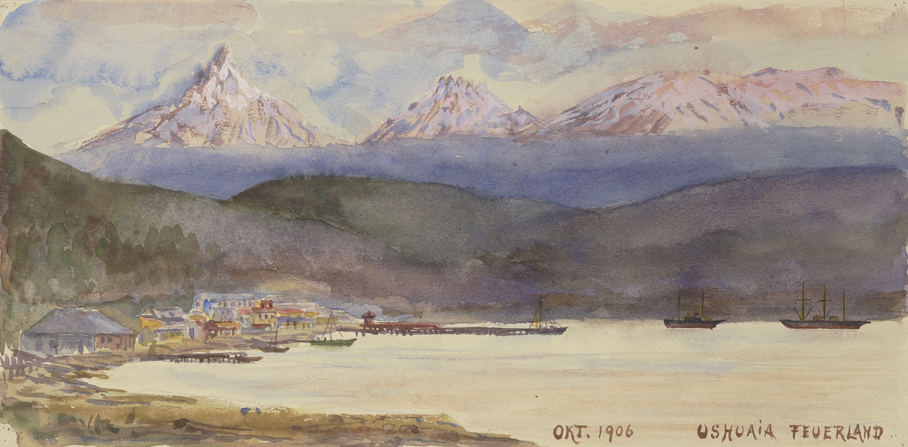 Landscape oil painting by Fritz Hauck featuring rugged cliffs and mountains