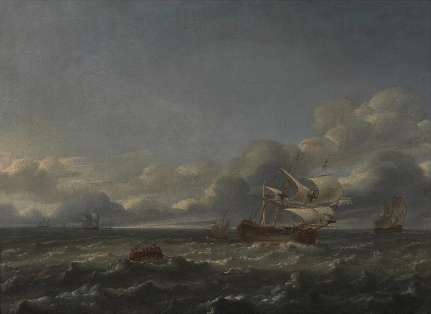 Men of War in a Stiff Breeze by Jan Theunisz. Blanckerhoff, oil painting depicting ships in stormy seas.