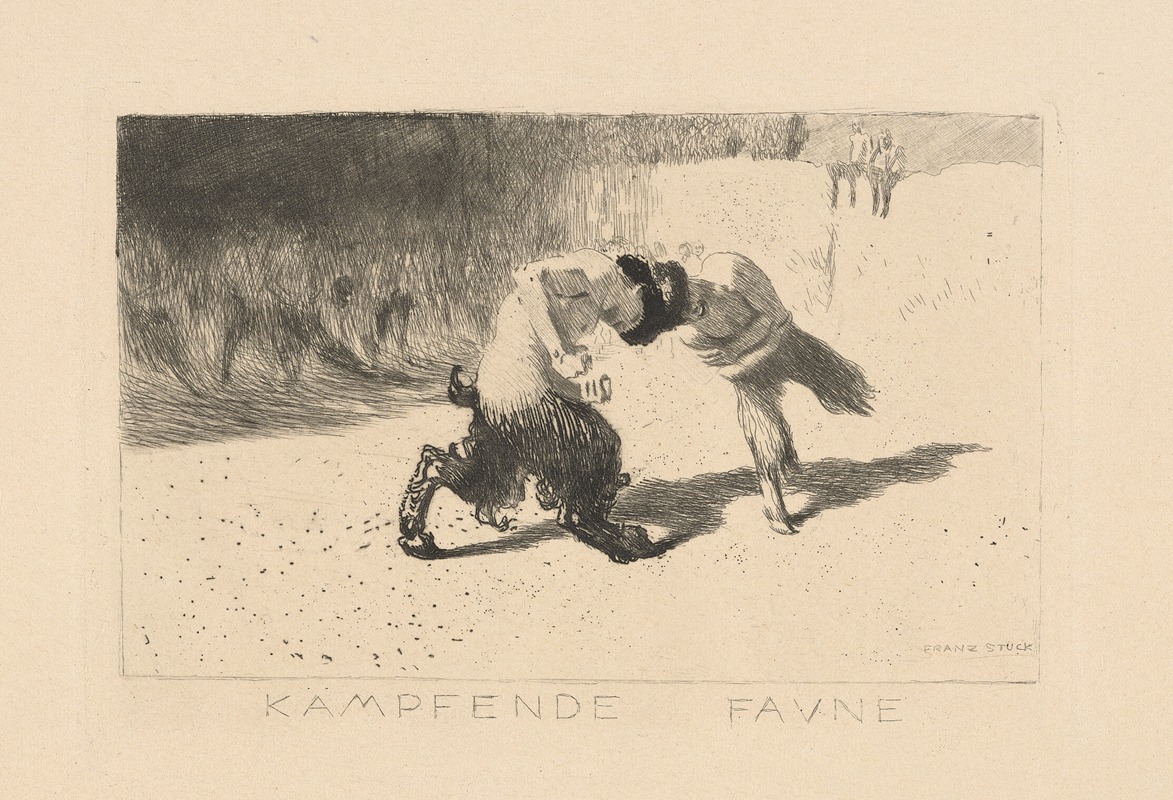 Franz von Stuck's 'Kampfende Faune' depicts two fawns in a dynamic struggle.
