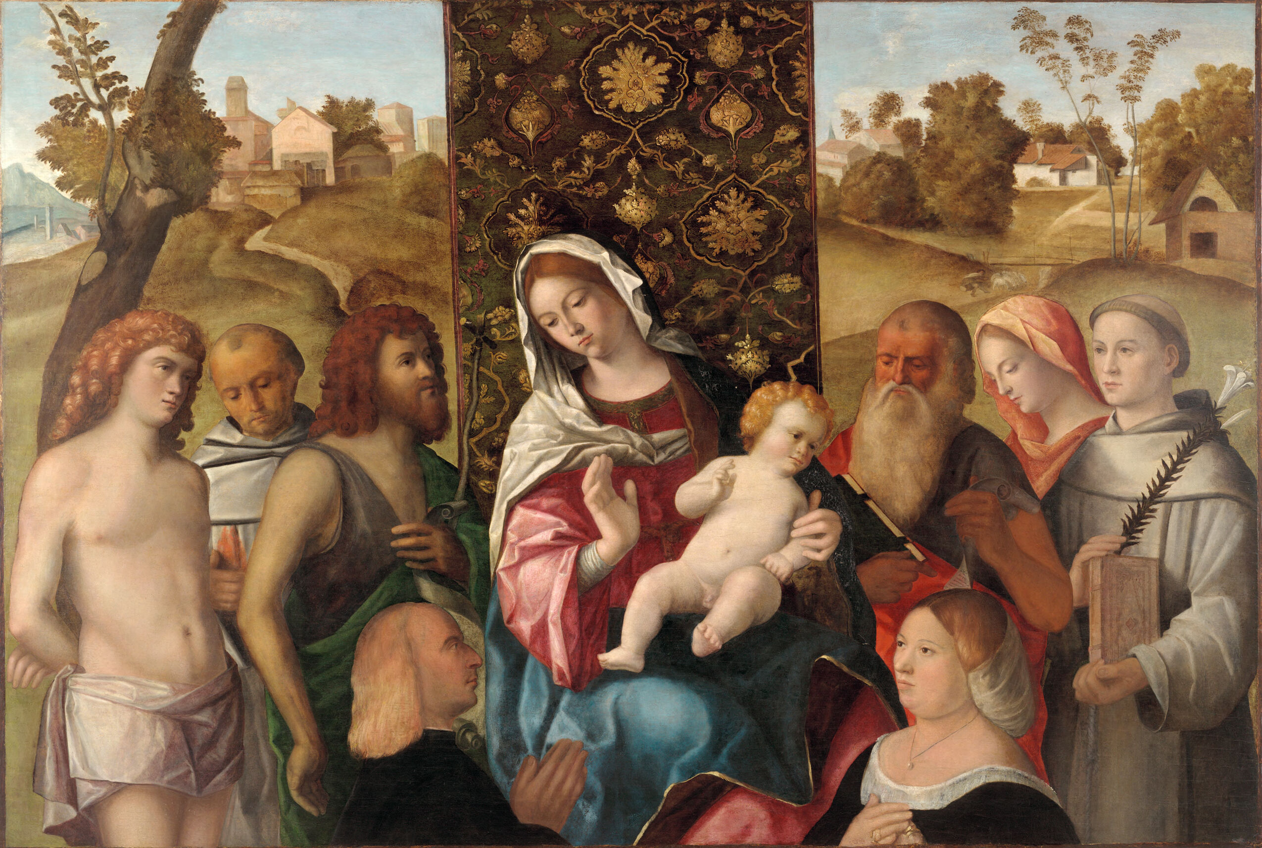 Virgin and Child with Saints Sebastian, Francis, John the Baptist, Jerome, an unidentified female saint, Saint  Anthony of Padua and two donors, by Giovanni Bellini, public domain