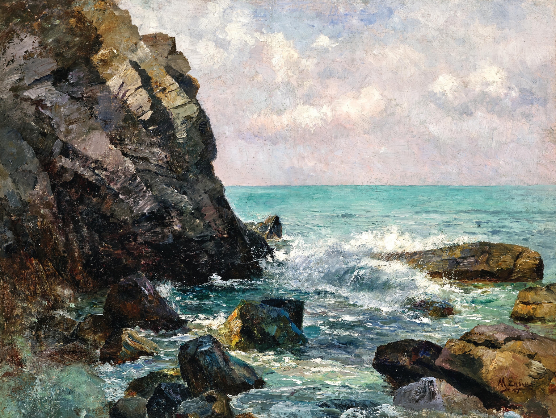 Foaming waves crashing against rocks in Breaking Waves in Istria by Marie Egner, impressionism