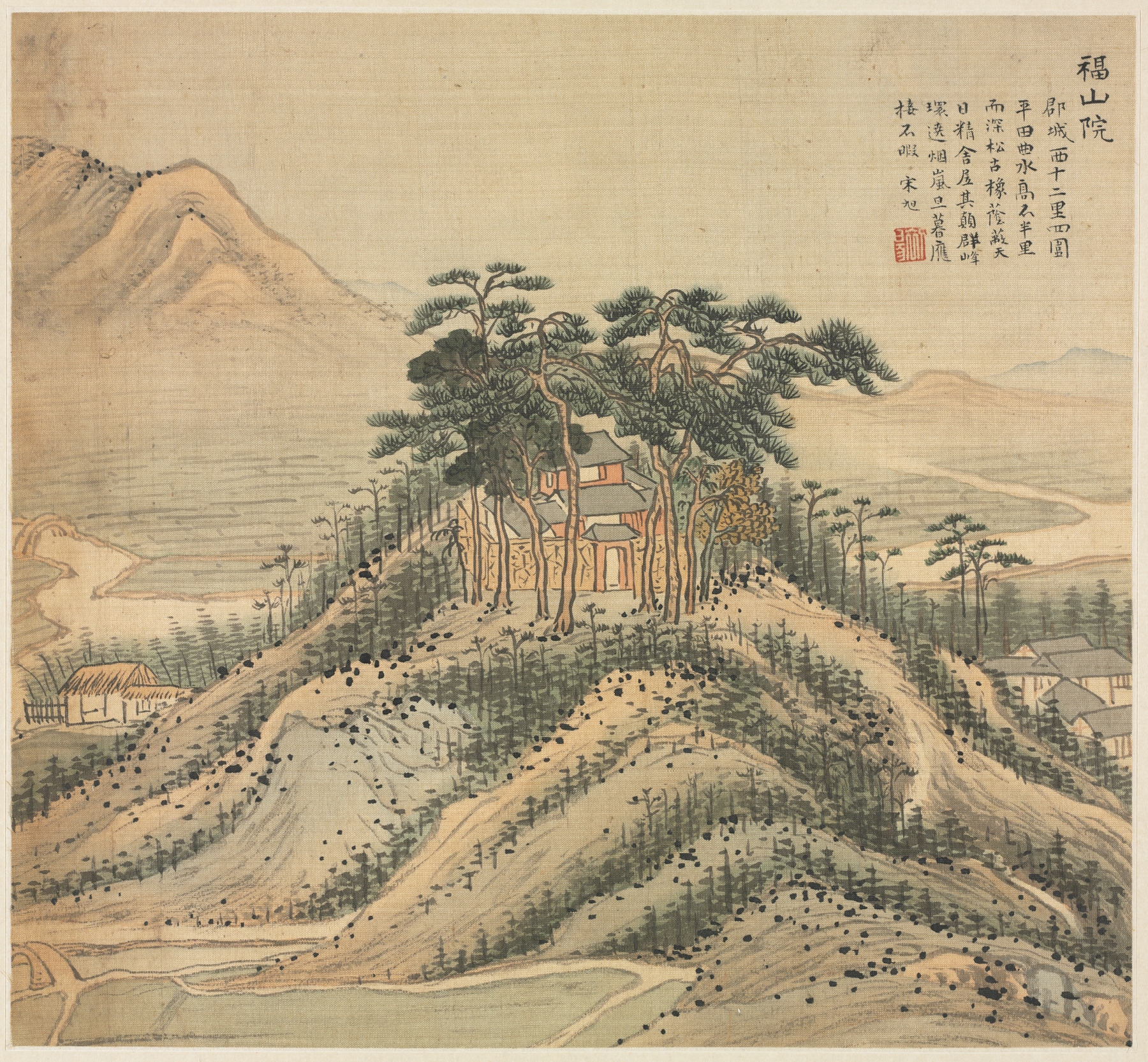 Fushan Monastery, ink on paper by Song Xu, showcasing intricate architecture and lush greenery.