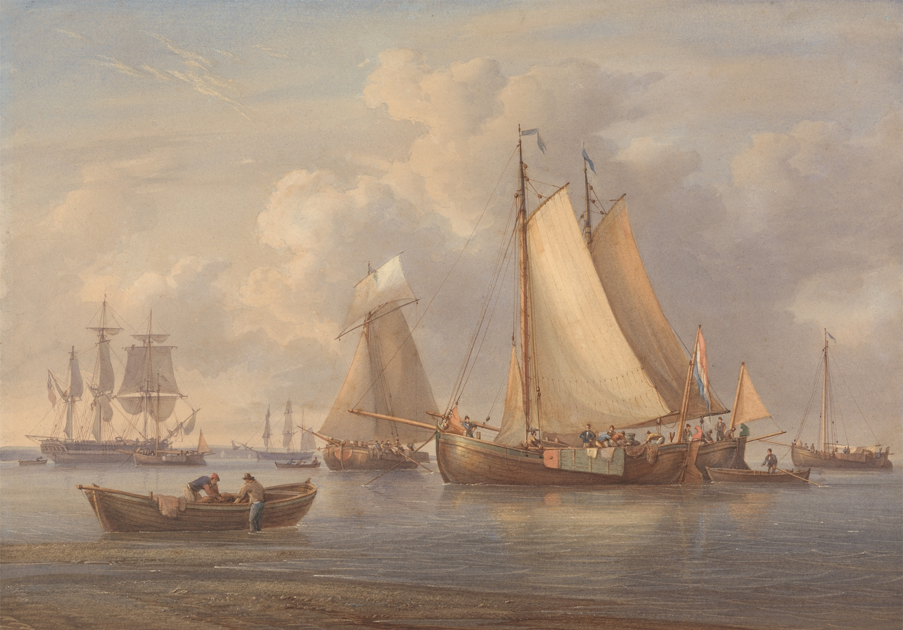Dutch Fishing Boats at Anchor in an Estuary, oil on canvas by William Joy