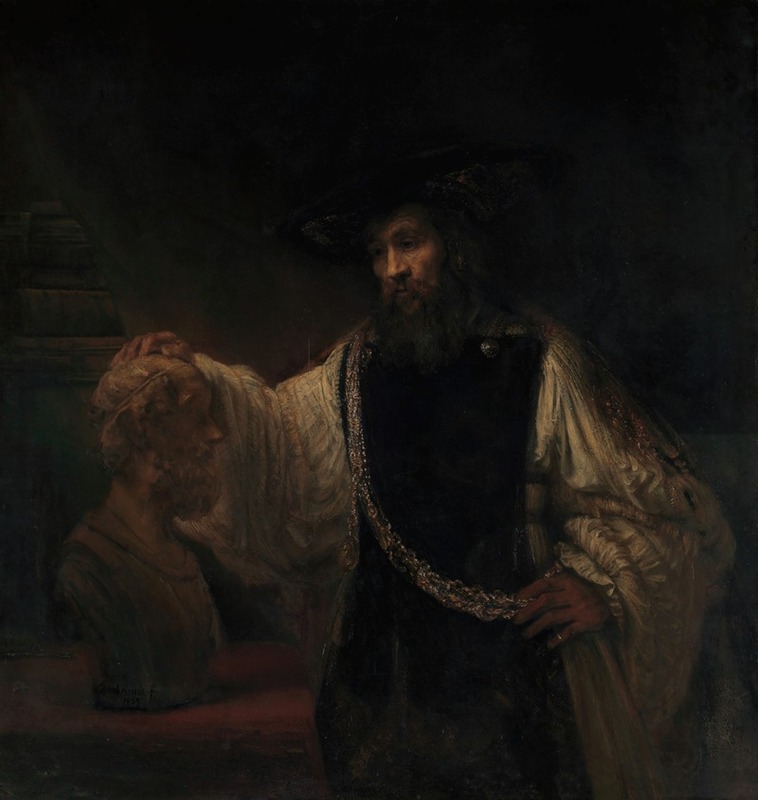 Rembrandt's 'Aristotle with a Bust of Homer' features a thoughtful Aristotle contemplating a bust of the poet Homer.