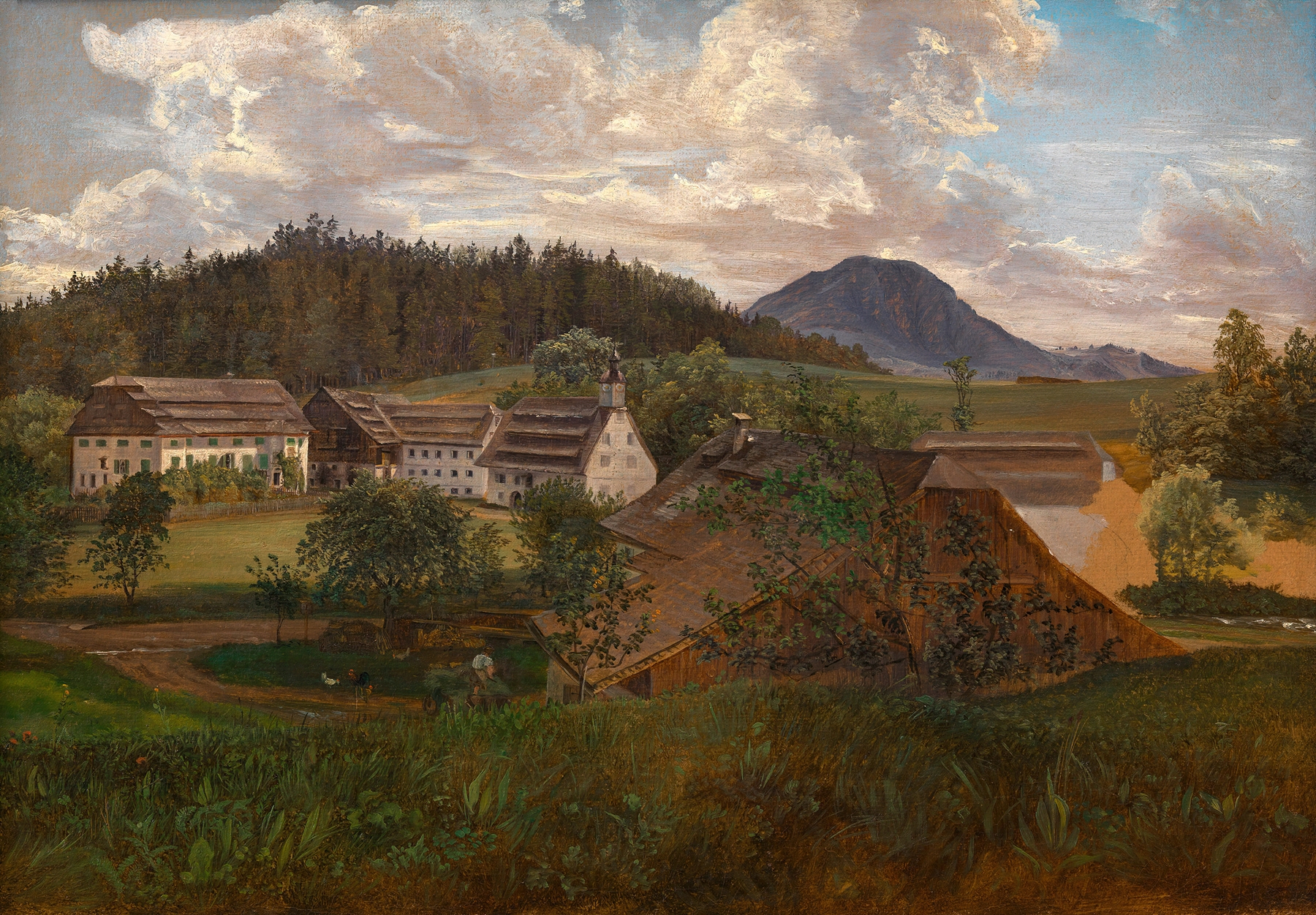 Salzburgische Landschaft mit Gutshof, oil on canvas by Friedrich Loos, featuring a farmhouse and lush greenery.