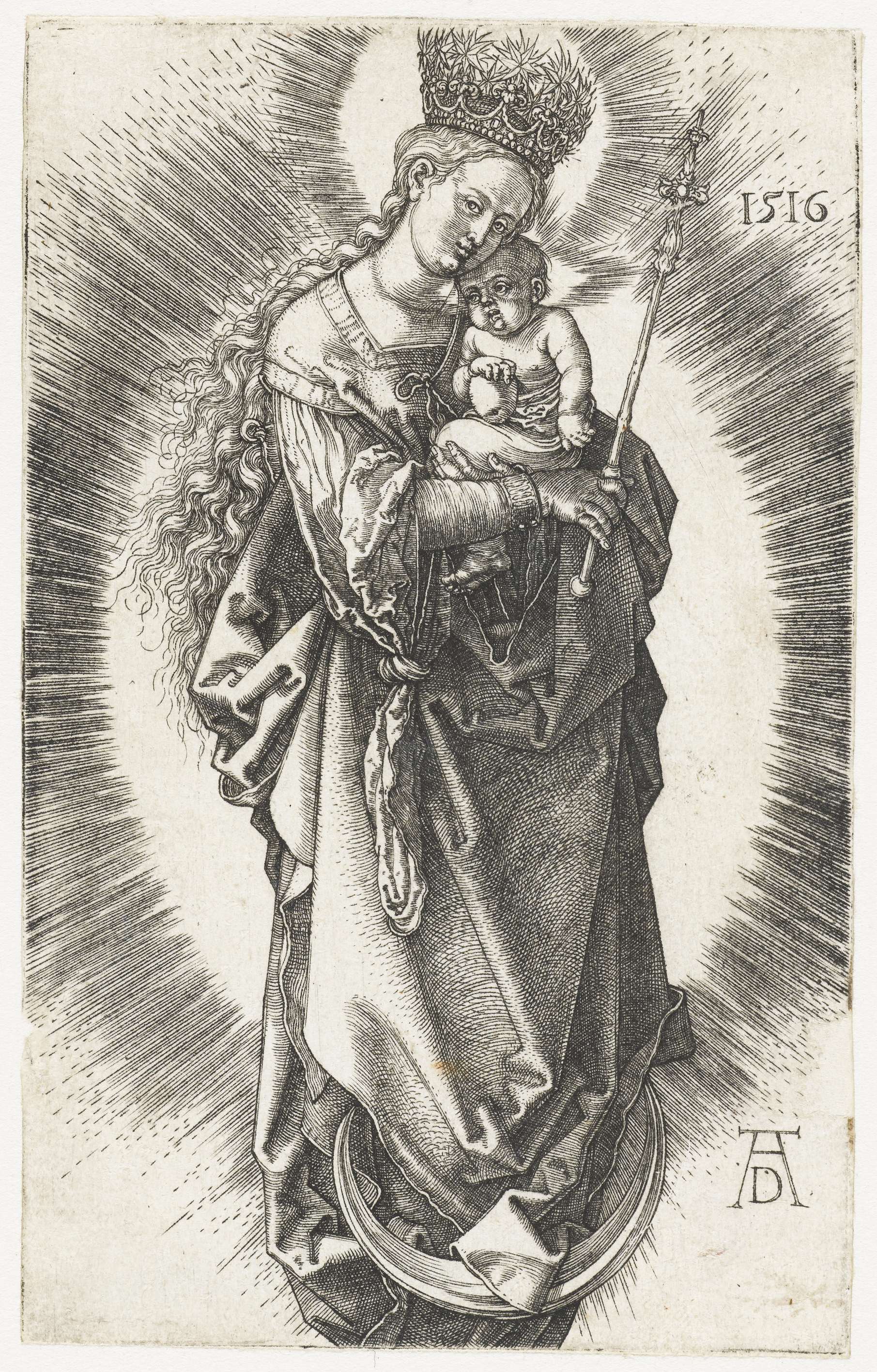 Engraving by Albrecht Dürer depicting Maria with a child on a crescent moon.