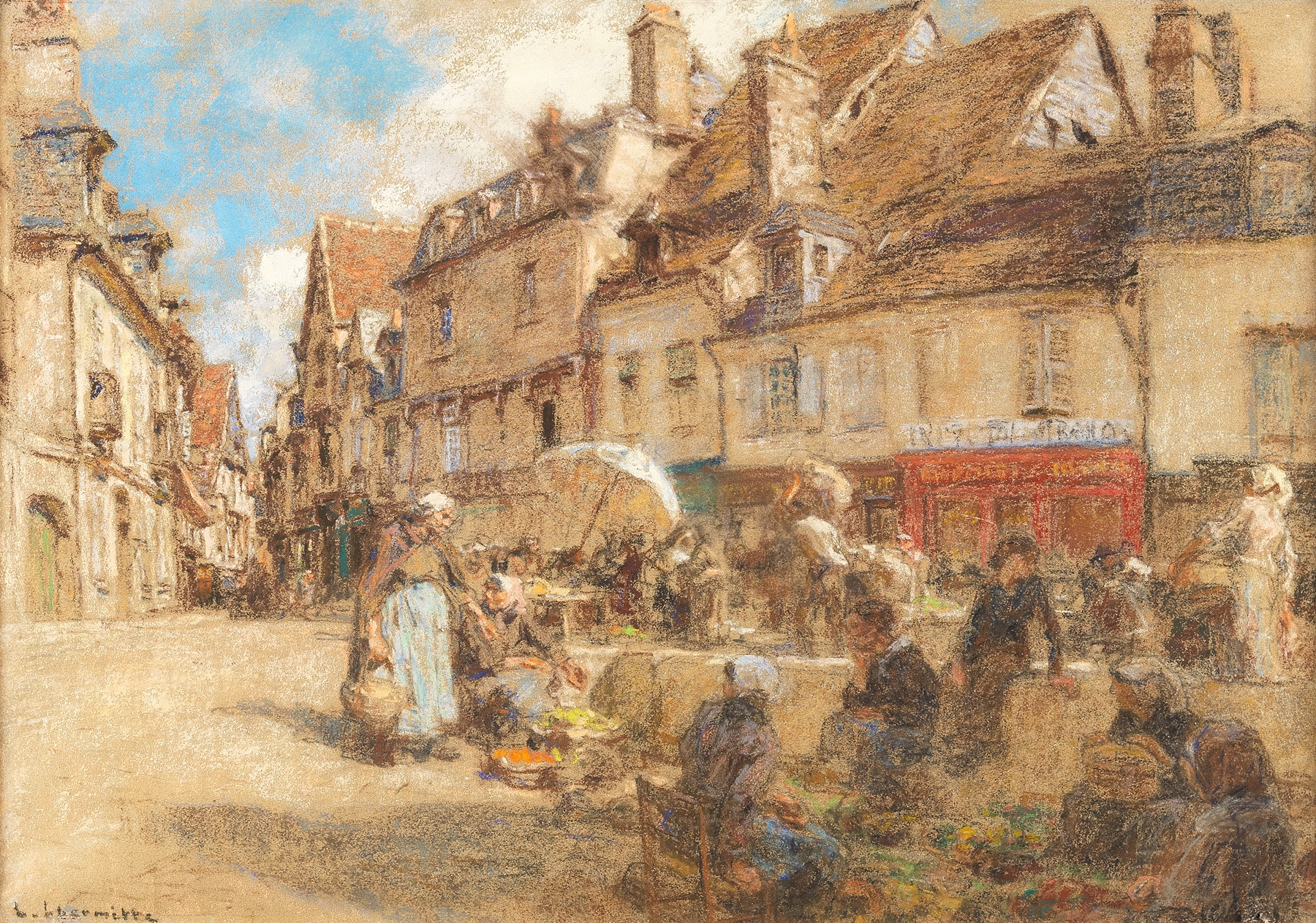 Genre scene depicting a market with lively figures by Léon Augustin Lhermitte, oil painting.