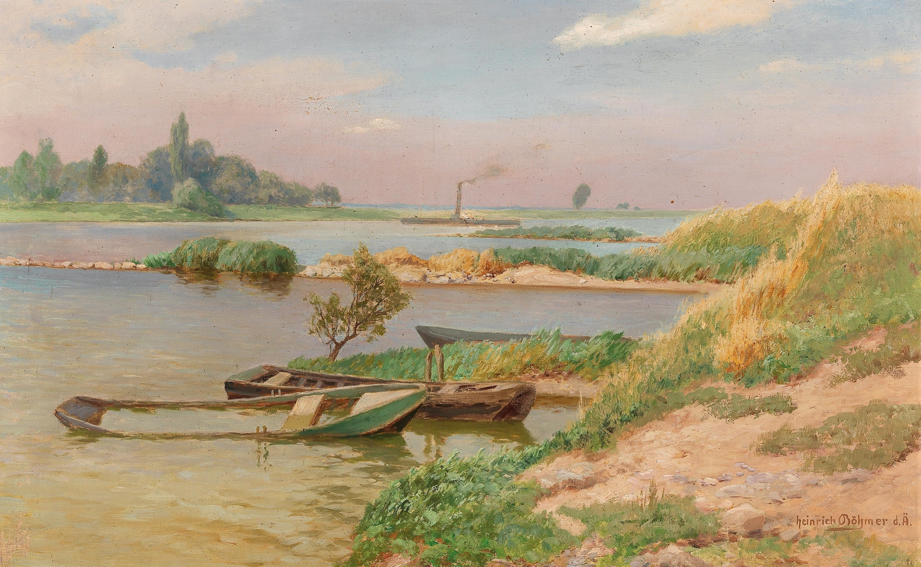 Open River Landscape by Heinrich Böhmer, oil on canvas depicting a serene river scene