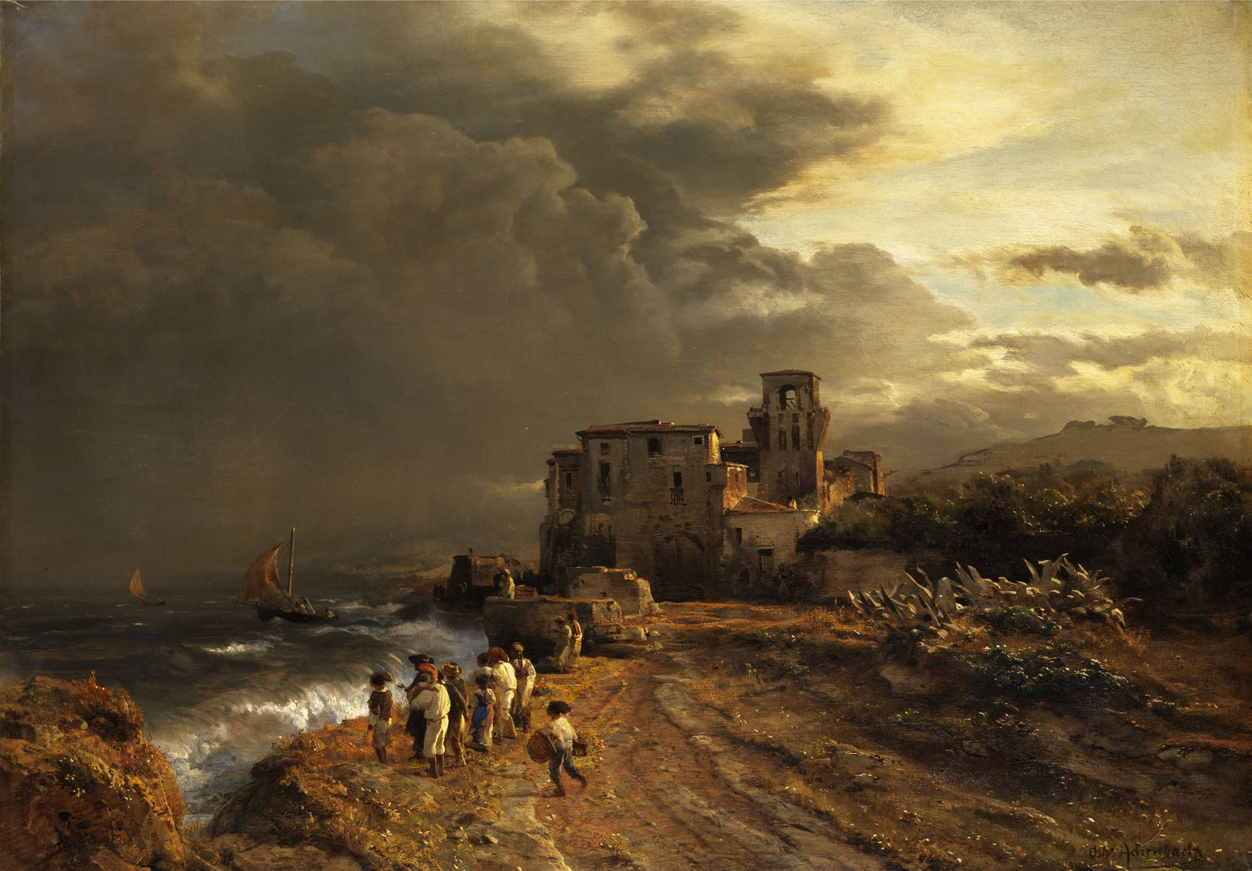 Oil painting by Oswald Achenbach depicting a stormy sky over the Italian coastline.